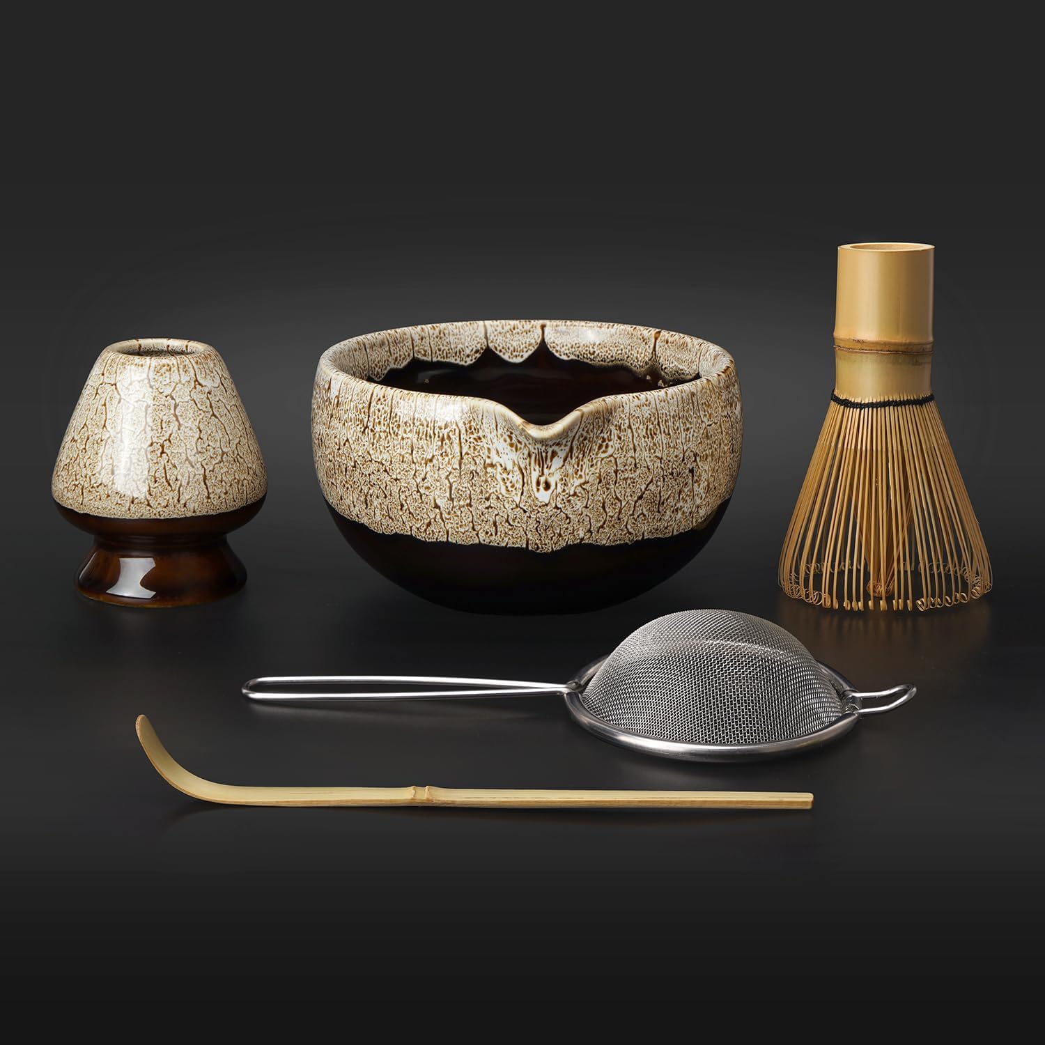 Kiln-changed Matcha Kit, Matcha Whisk Set, Ceramic Bowl with Spout (18oz), Bamboo Whisk, Stainless Sifter, Scoop & Chasen Holder, 5-PC Complete Macha Tea Ceremony Tools (White)