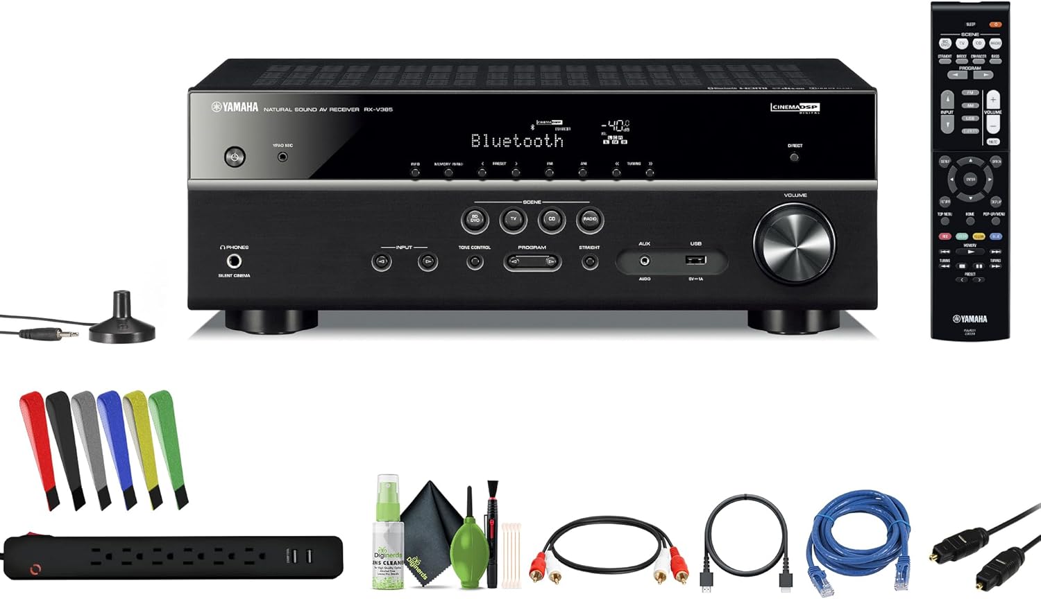 Yamaha RX-V385 5.1-Channel Surround Sound 4K Ultra HD AV Receiver with Bluetooth Home Theater System Bundle with Accessories