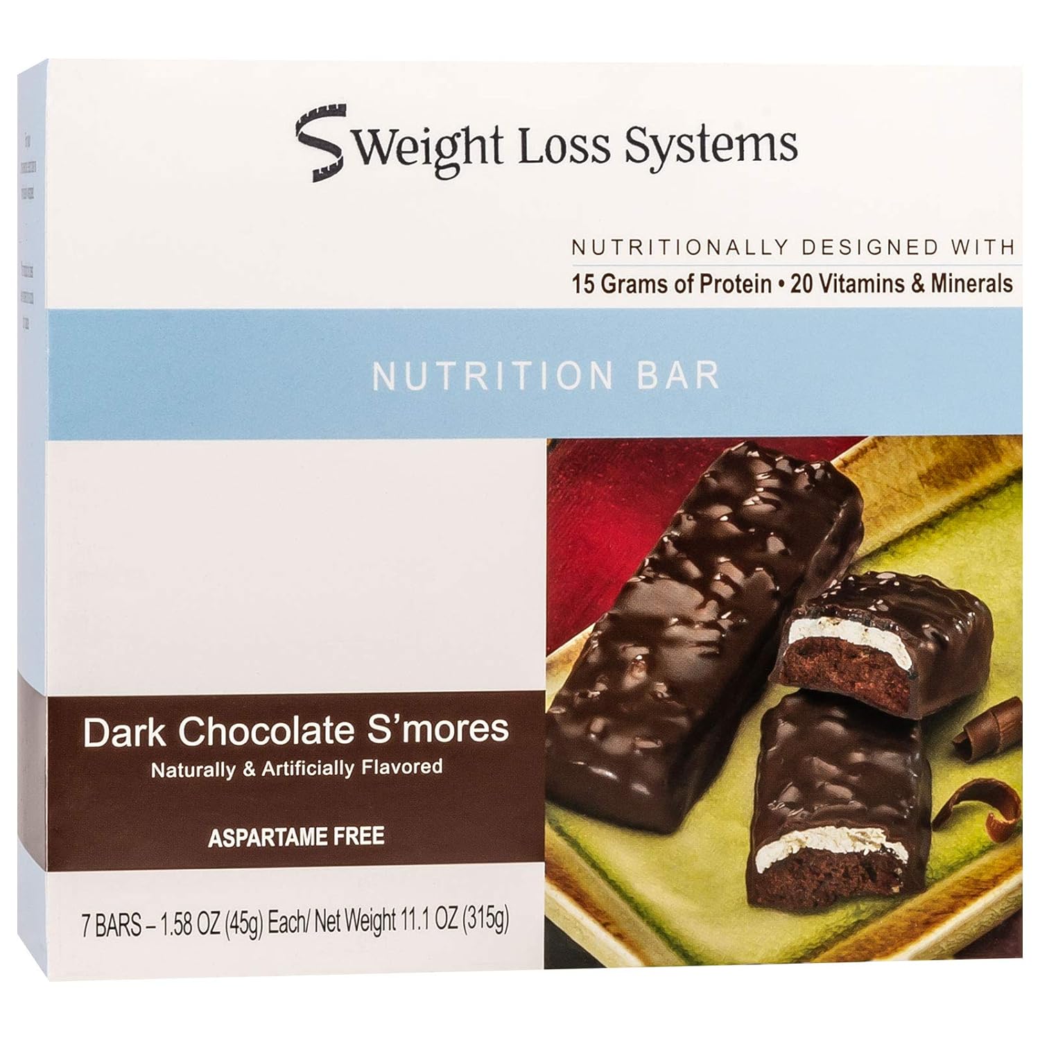 Weight Loss Systems Protein Bar - Dark Chocolate S'Mores (7/Box) - High Protein 15g - Low Calorie - Low Fat