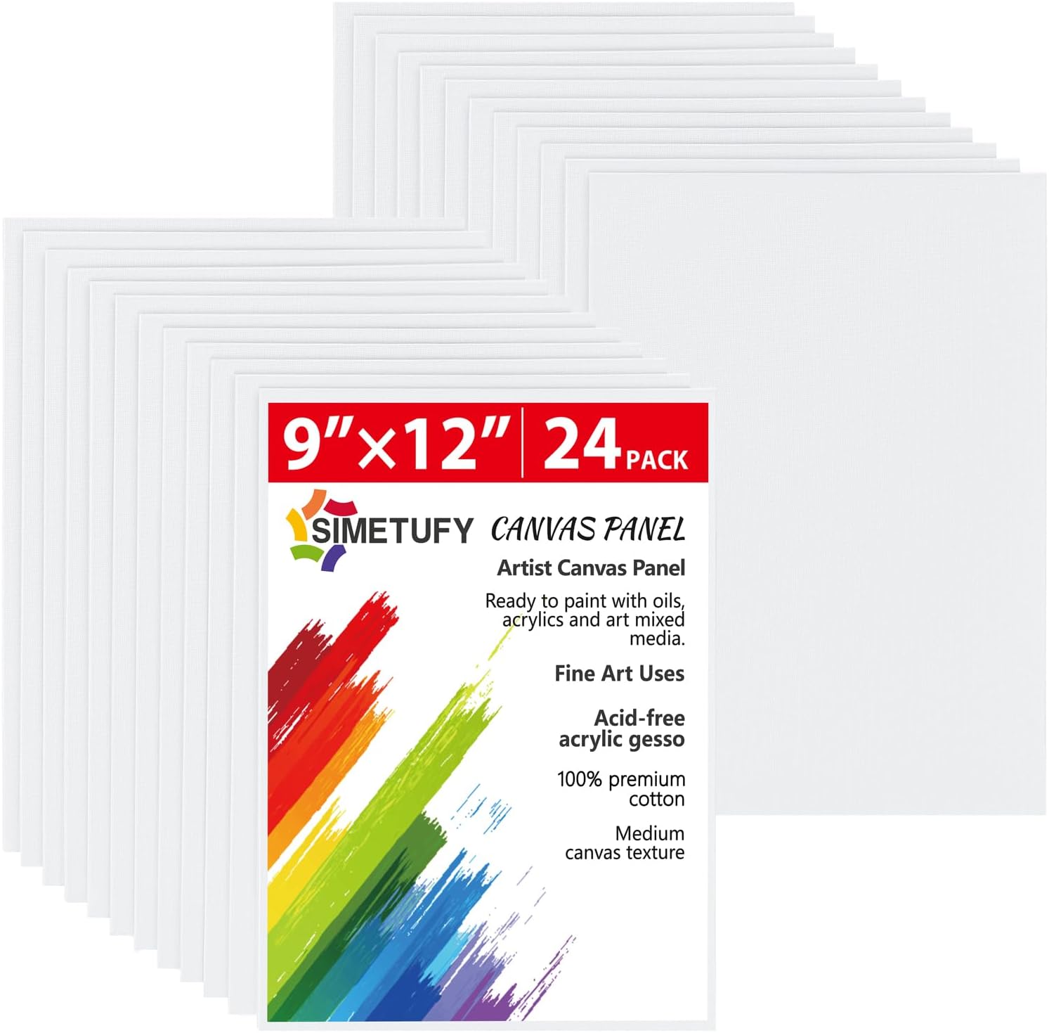 Simetufy 24 Pack 9 x 12 inch Flat Canvas Boards for Painting- 8oz Gesso Primed Acid-Free 100% Cotton Canvas Panels for Acrylics Oil Watercolor Tempera Paints