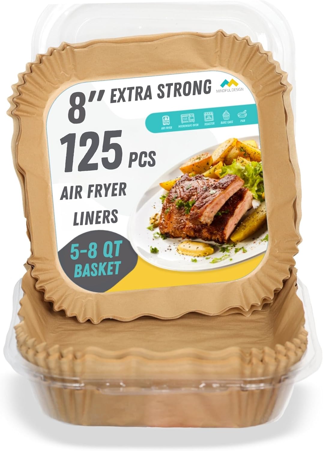 Mindful Design Air Fryer Paper Liners,125Pcs Parchment Paper, Air Fryer Disposable Paper Liner for Microwave, Non-Stick Air Fryer Liners Square Free of Bleach (8IN)