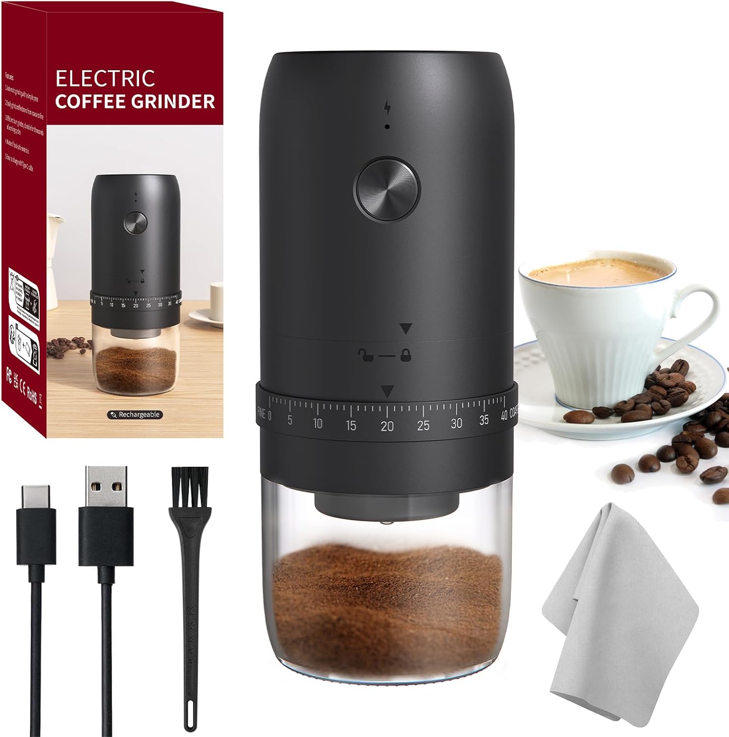 HOTUT Electric Coffee Bean Grinder, Electric Coffee Grinder with 40 Gears Adjustable Settings, Portable Cordless Conical Burr Coffee Grinder, USB Rechargeable, for Home, Office, Travel, Camping, Black