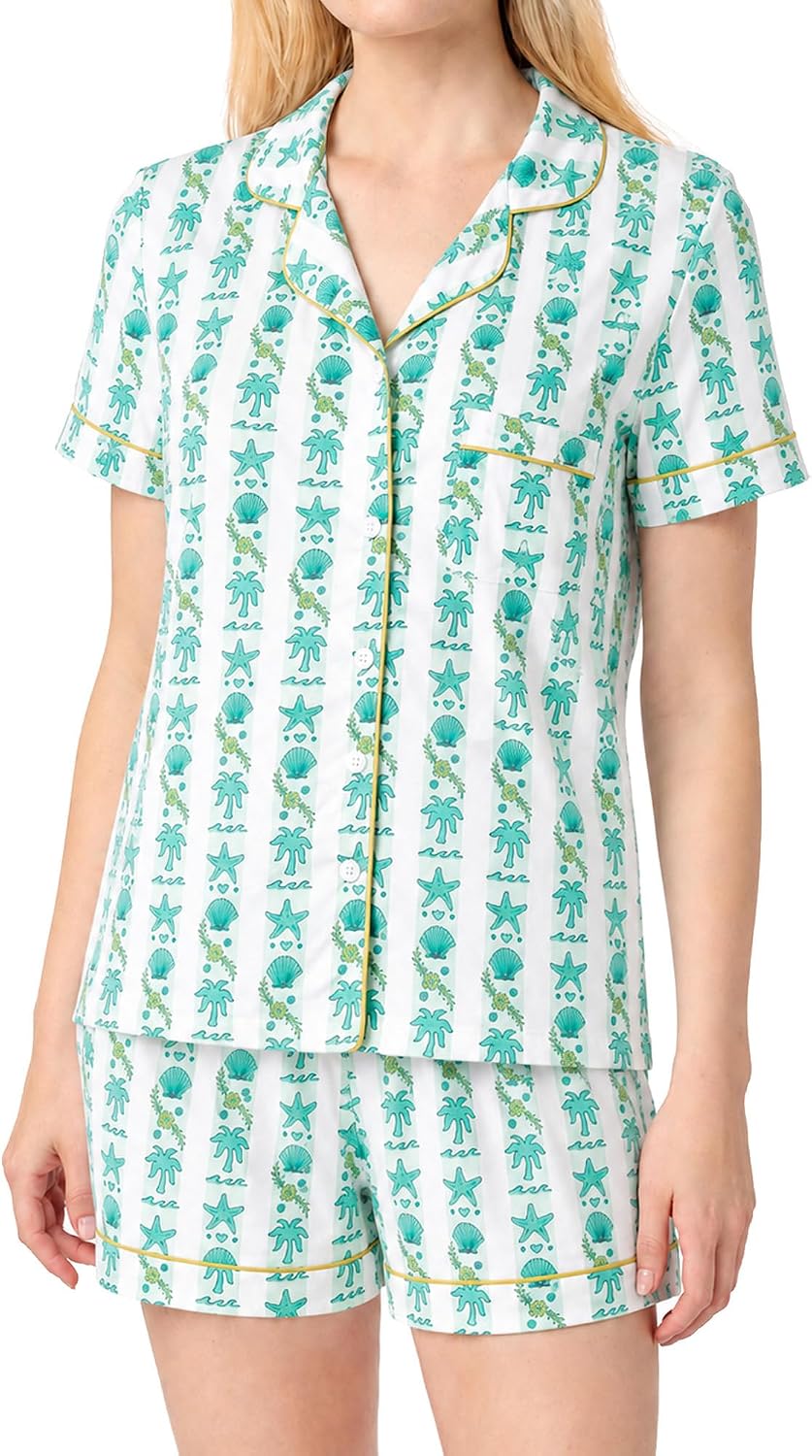 Pajamas for Womens Set Summer 2 Pece Pjs Matching Shorts Set Loungewear Palm Sleepwear for Beach Vacation, Holiday