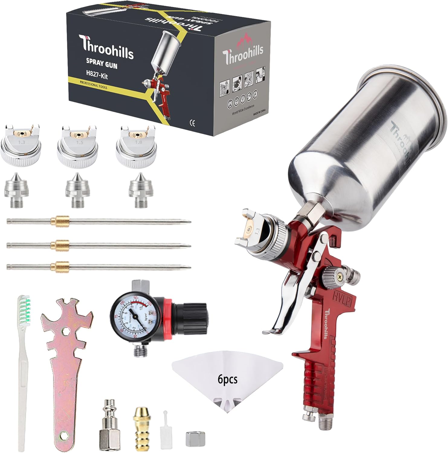 HVLP Automotive Paint Sprayer Gun, 1.3/1.5/1.8mm Air Paint Sprayer with Air Regulator 6PCS Paint Strainers and Cleaning kit,Suitable for Auto Paint, Base Coat & Touch Up(Red)