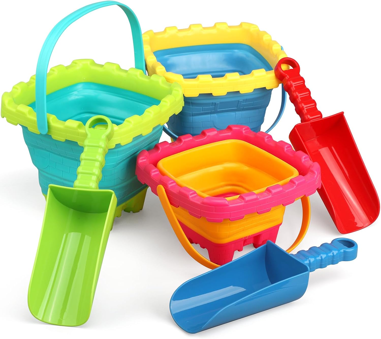 Castle Sand Beach Bucket Toy with Shovels Sifter Spade, Foldable Bucket For Kids Adults, Large Silicone Pail Collapsible Buckets, Sandbox Kit with Scoops For Outdoor Indoor Travel Camping Beach 6 PCS