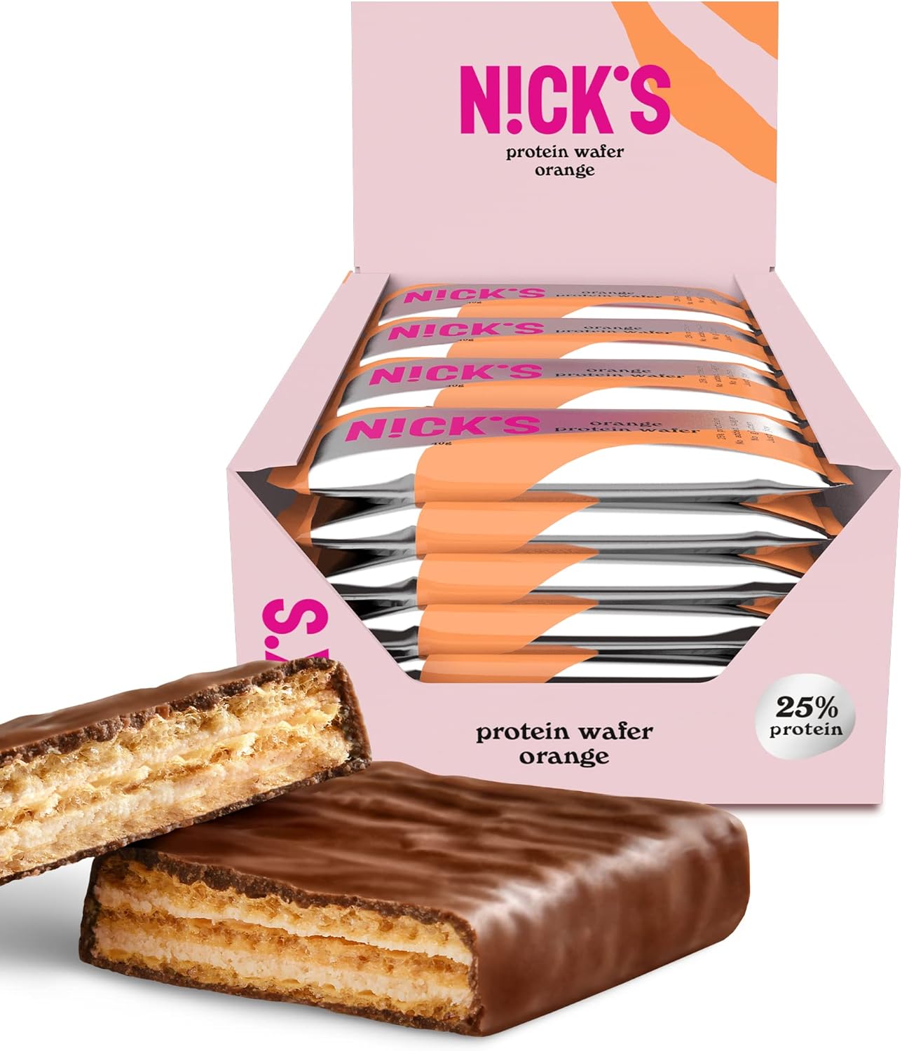 NICKS Protein Wafer Bars Orange | 25% Protein | 203 Calories | Low carb Biscuits Snack Bar No Added Sugar Gluten free (Multipack 24x40g)