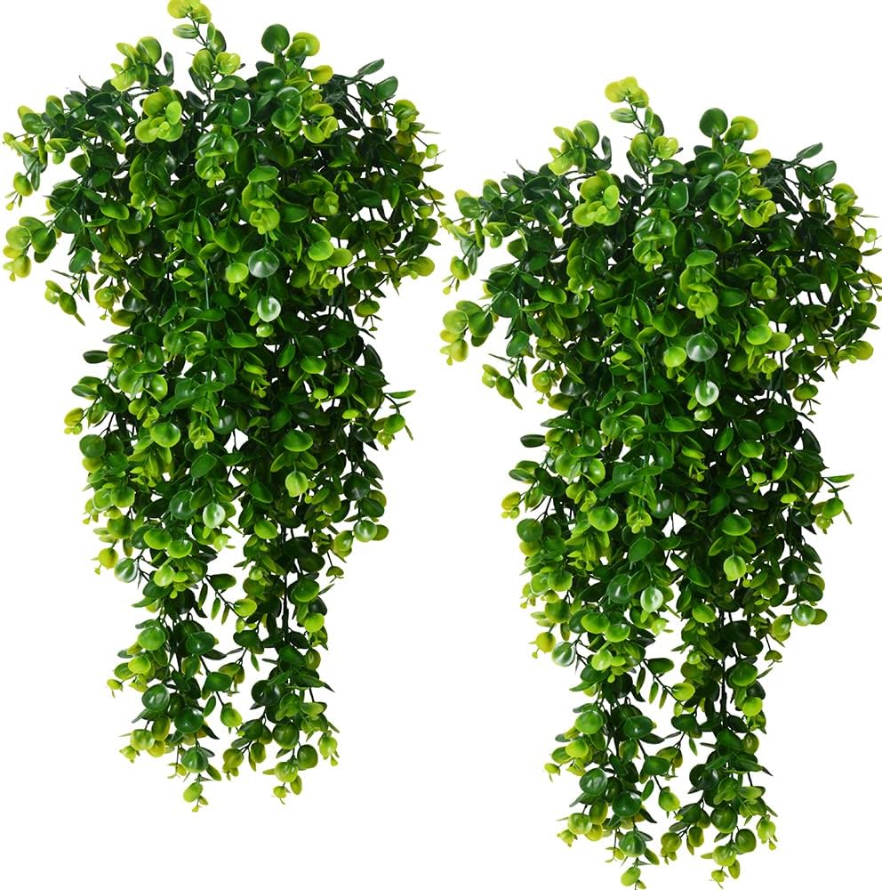 2pcs Artificial Hanging Plants Fake Hanging Plant Faux Eucalyptus Leaf Greenery Vine Outdoor UV Resistant Plastic Plants (2, Green)