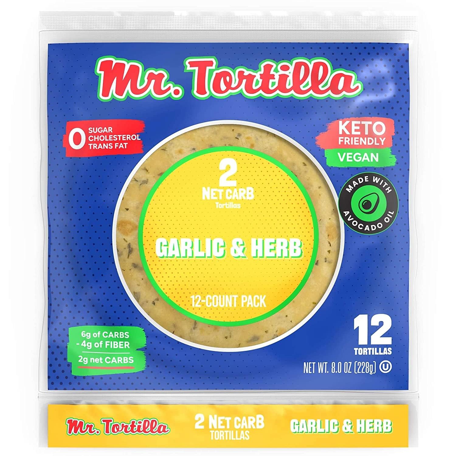 Mr. Tortilla Low Carb Keto Soft Taco Shells, Vegan, Quesadillas, Burritos, Heathy Bread Alternative, 2 Net Carbs, Delicious Small Batch Kosher Wraps - (Garlic & Herb, 12 Count)