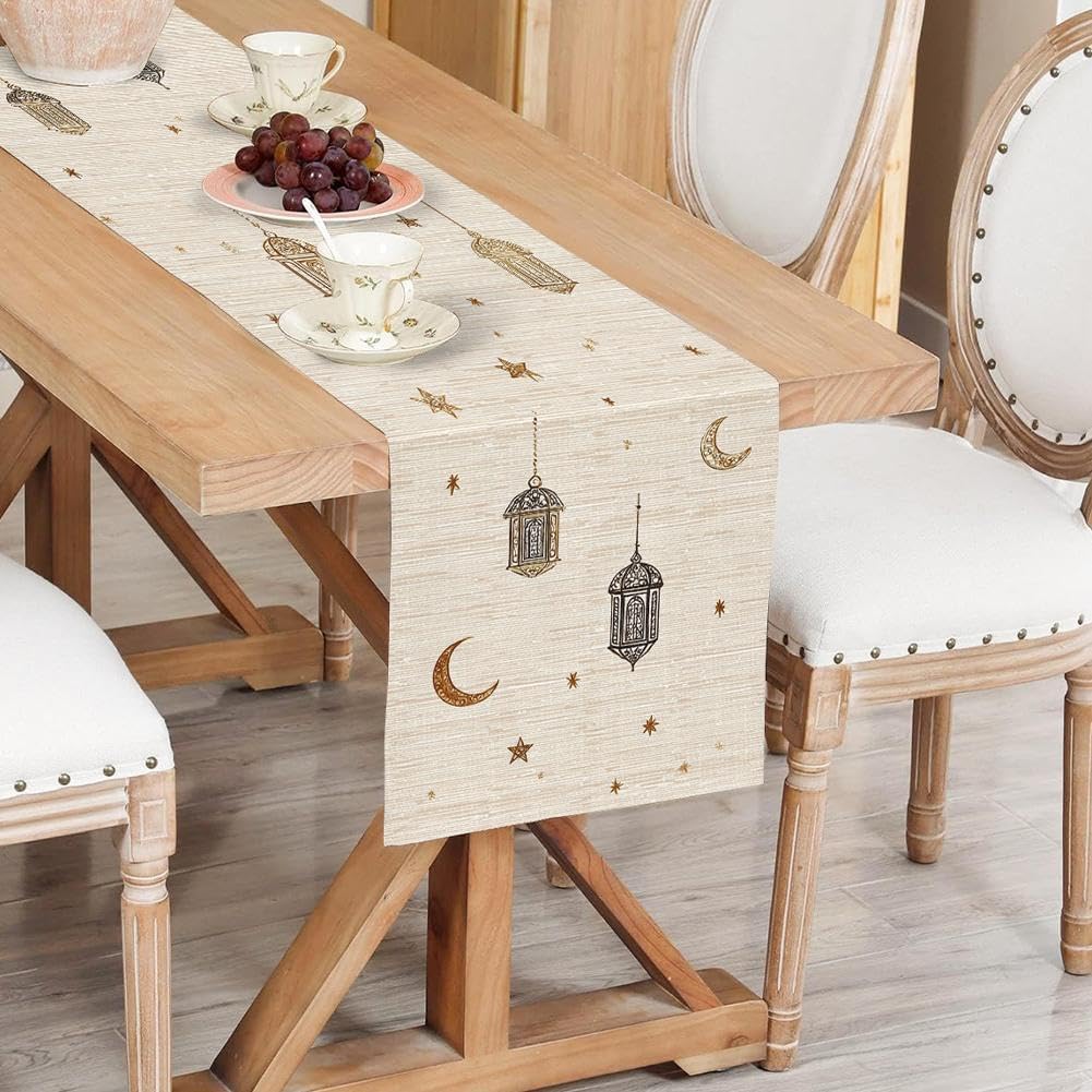 Moon Star Gloden Ramadan Table Runner,Ramadan Table Runner Gold Ramadans Mubarak Tables Runners,Seasonal Summer Holiday Kitchen Dining Tables Decoration for Home Party Decor 70.87" x 13.78"