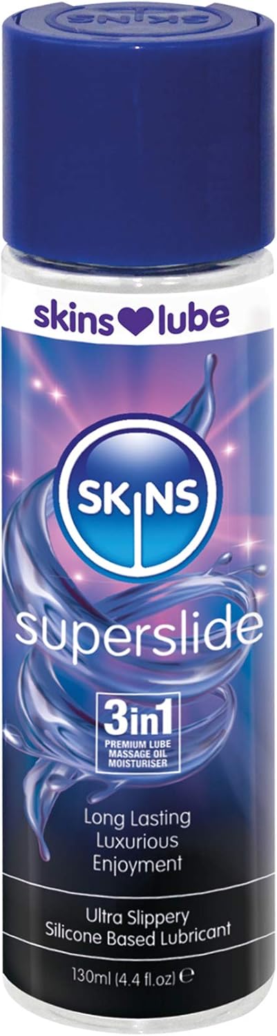 Skins Silicone Lubricant, Skins Superslide 3 in 1 Silicone Based Lube Gel and Massage Oil with Long Lasting Natural Odourless Silicone Lube Gel, Compatible with Latex Condoms
