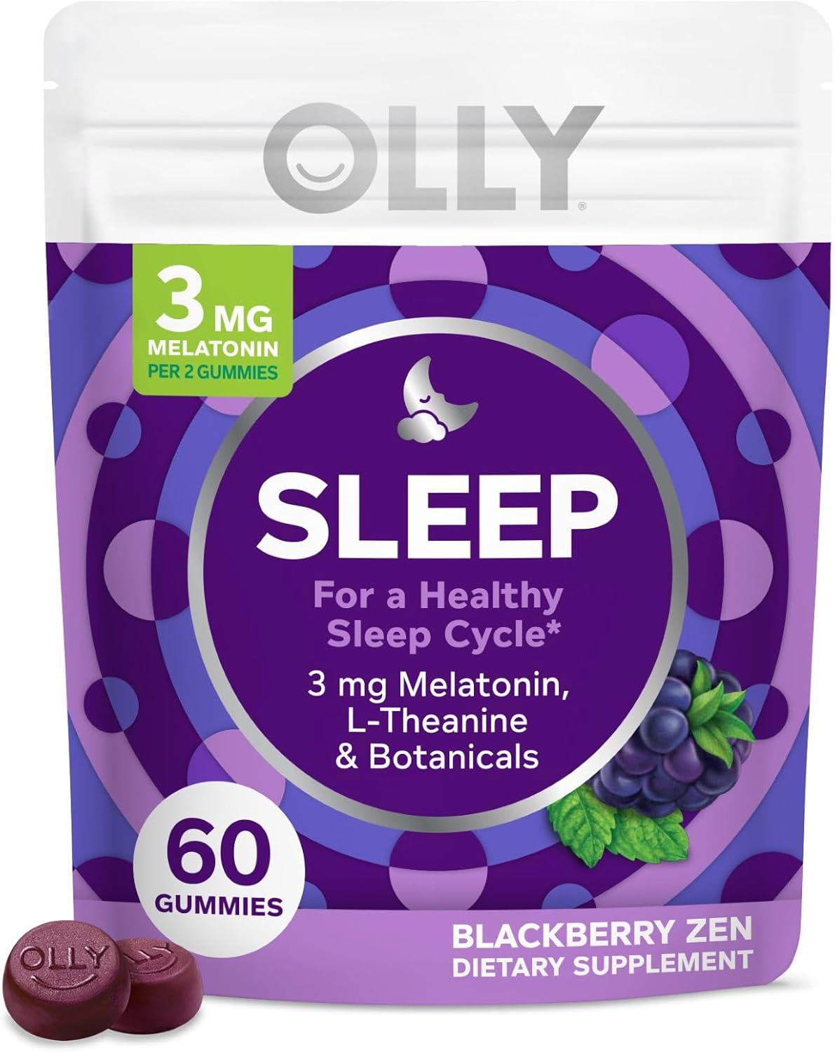 OLLY Sleep Gummy, 3 mg Melatonin, L-Theanine, Chamomile, and Lemon Balm Extracts, Blackberry Flavor, 30 Day Supply - 60 Count