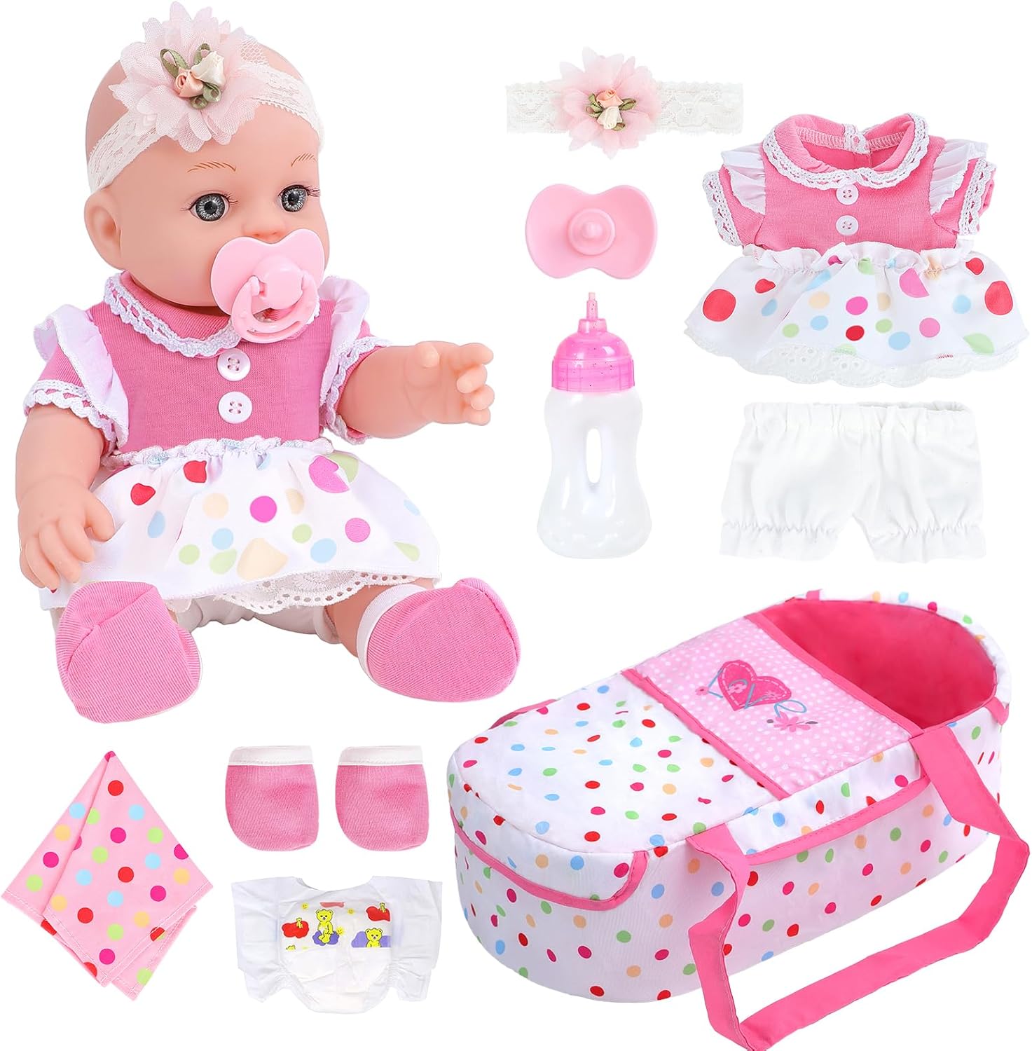 DONTNO 12 Inch Baby Doll with Bassinet Bed,Reborn Alive Doll Includes Clothes and Accessories,Bottles,Nipple,Diaper,Burp Cloth,First Baby Dolls for Toddlers 36 Months and Up
