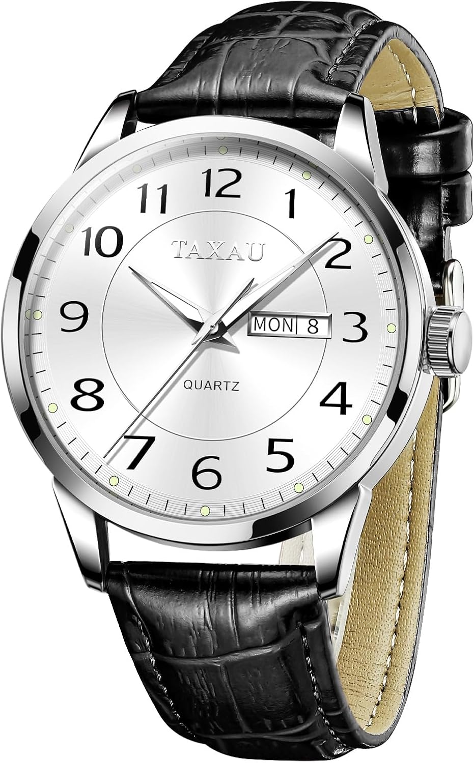 Taxau Mens Watches Leather Strap - Big Face Analog Quartz Dress Watch with Day Date - Waterproof Wrist Lether Watch for Men