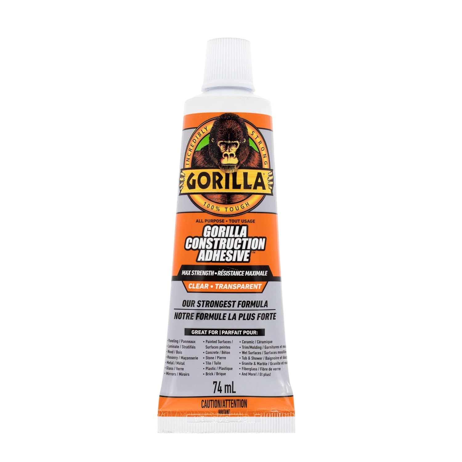Gorilla Max Strength Construction Adhesive, 2.5 oz (Pack of 1), Clear, Waterproof for Quick Fixes Touch Ups, Bonds Wood Metal Glass Tile Stone Drywall, Indoor Outdoor Gap-Filling Paintable