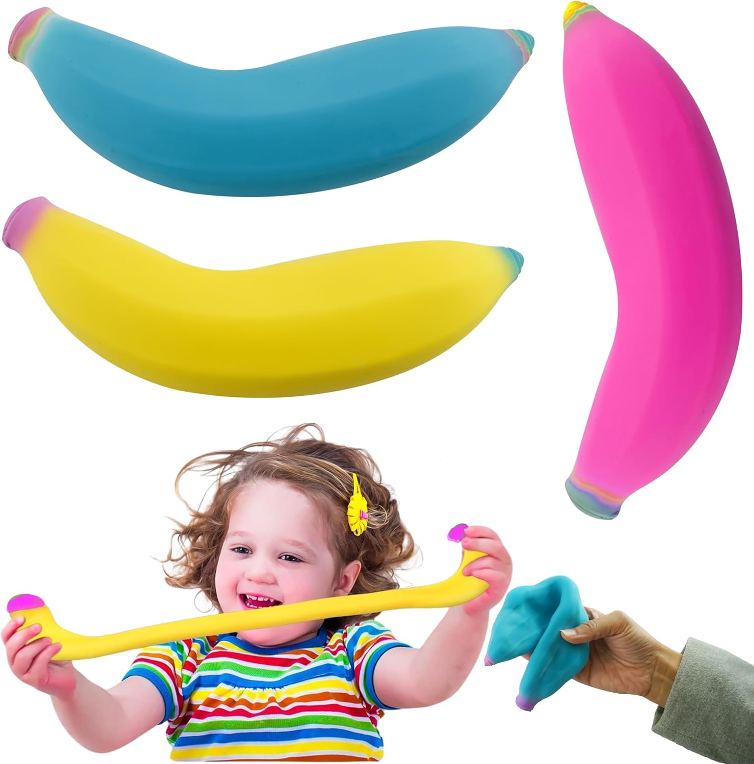 3Pcs Banana Stress Toys 18cm, Rubber Fruit Fidget for Kids Adults, Sand Filled Party Favor, Stretchy Sensory Play