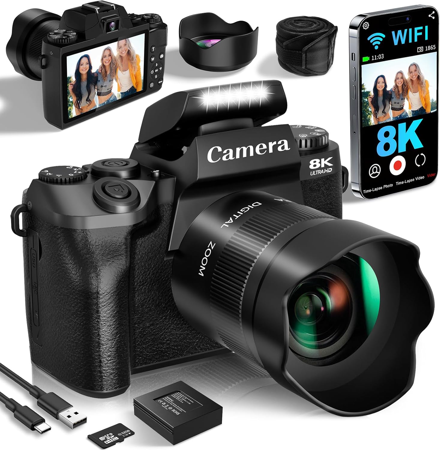 Digital Cameras for Photography, 8K 64MP Vlogging Camera for YouTube with 4" Touch Screen, Dual Front/Rear Cameras with LED Fill Light, 3000mAh Battery, Lens Hood, Hot Shoe & 32GB TF Card