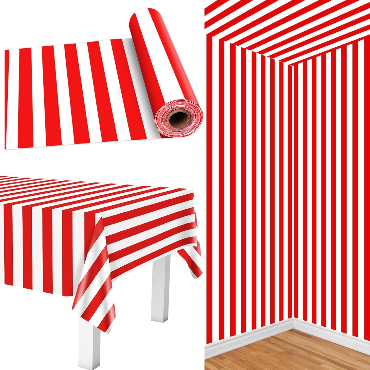 Carnival Tablecloth Roll 30 m Red and White Striped Tablecloth Red Plastic Table Cover Carnival Theme Party Decorations for Birthday Movie Night Halloween Circus Backdrop