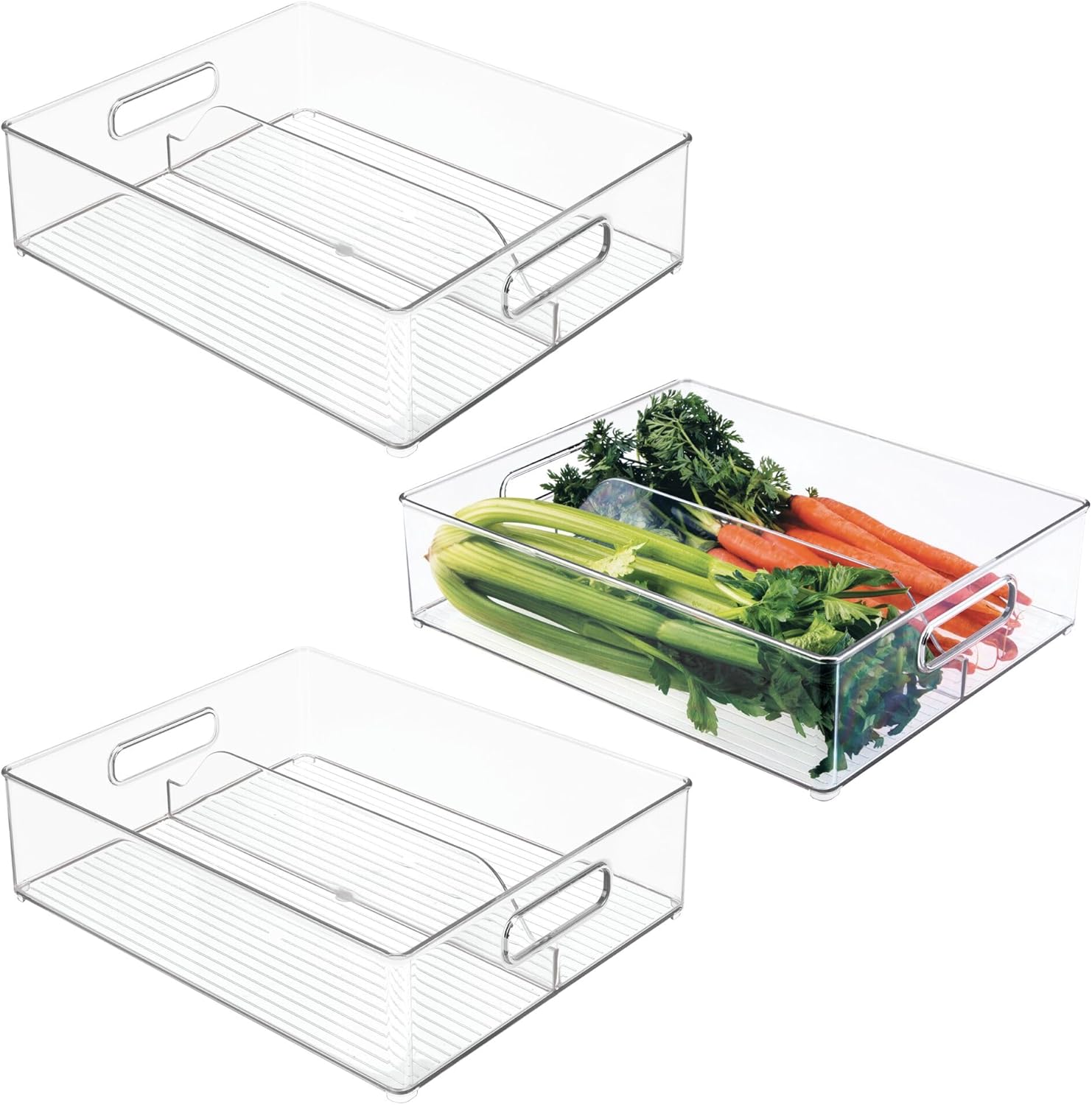 iDesign Divided Pantry Bin with Handles for Pantry, Refrigerator, or Freezer - Set of 3 - Clear