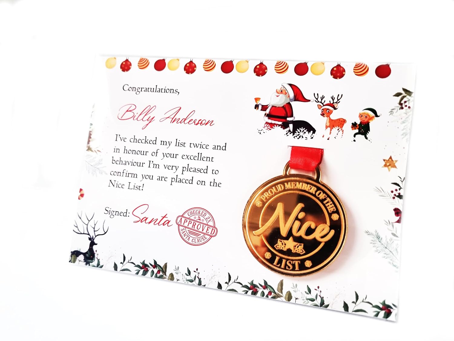 Nice List Medal, Santa Letter Gift, Personalised Christmas Eve box filler, tradition gift from Father Christmas