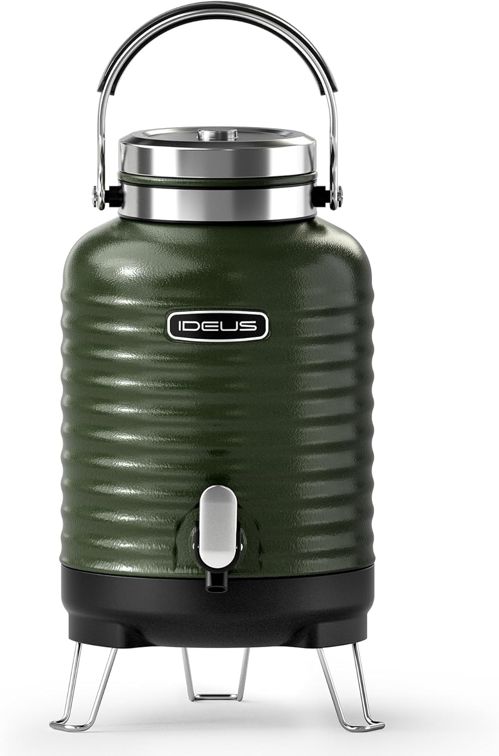 IDEUS Insulated Beverage Dispenser 5.2L, All-in-one for Camping Vacuum Double-Wall Stainless Steel Water Cooler Coffee Carafe Jug Leakproof Drink Container with Handle, Spigot & Stand (Green)