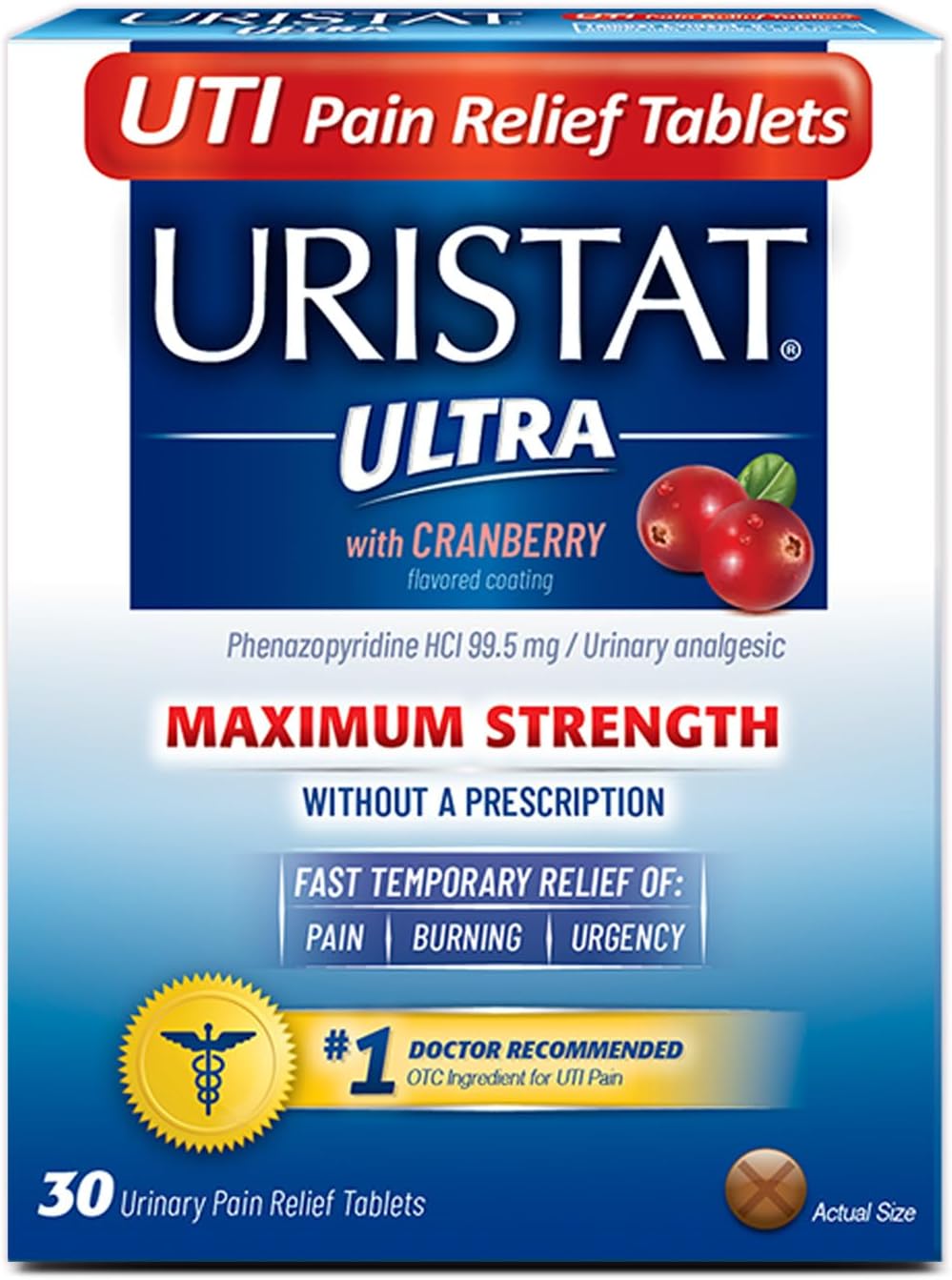 Uristat Ultra UTI Pain Relief Tablets, Fast Urinary Tract Infection Relief of Urinary Pain, Burning, Urgency, Maximum Strength, Cranberry Flavored Coating, 30 Tablets