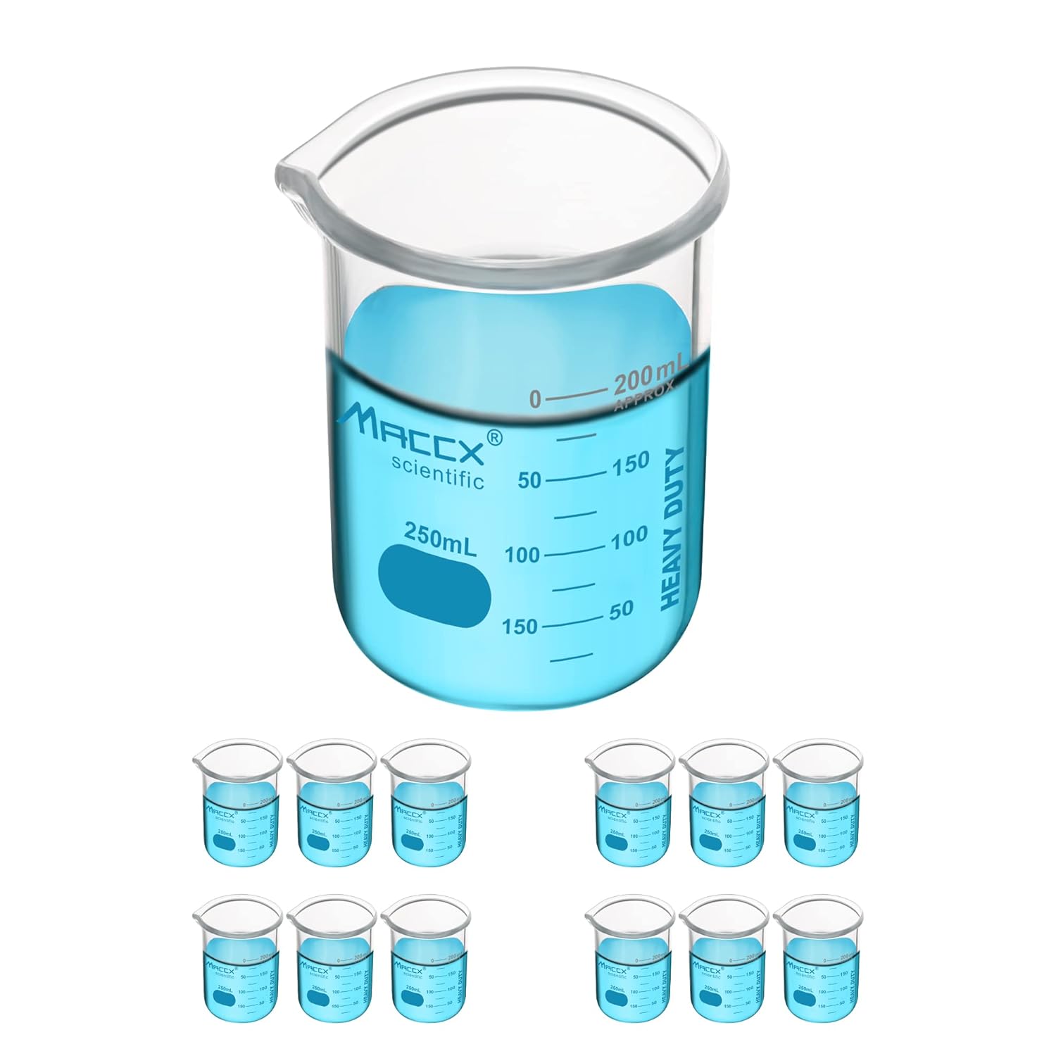 8.5oz (250ml) New Upgraded Glass Beakers, Heavy Duty Lab Beaker Set, 3.3 Borosilicate with Double Scale, Pack of 12, HDBK250-012