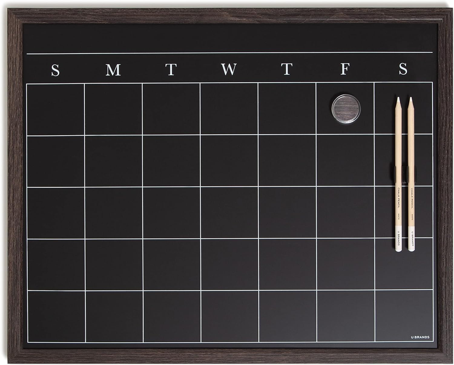 U Brands Magnetic Chalk Calendar Board, 20"x16", Rustic Wood Style Frame, includes Chalk Pencils and Magnet