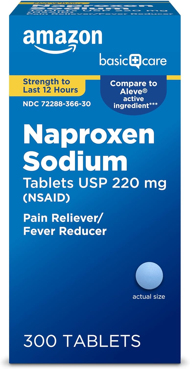 Amazon Basic Care Naproxen Sodium Tablets 220 mg, Pain Reliever/Fever Reducer (NSAID), Muscular Aches, Backache, Headache, Toothache, Minor Arthritis Pain Relief & More, 300 Count (Packaging may vary)
