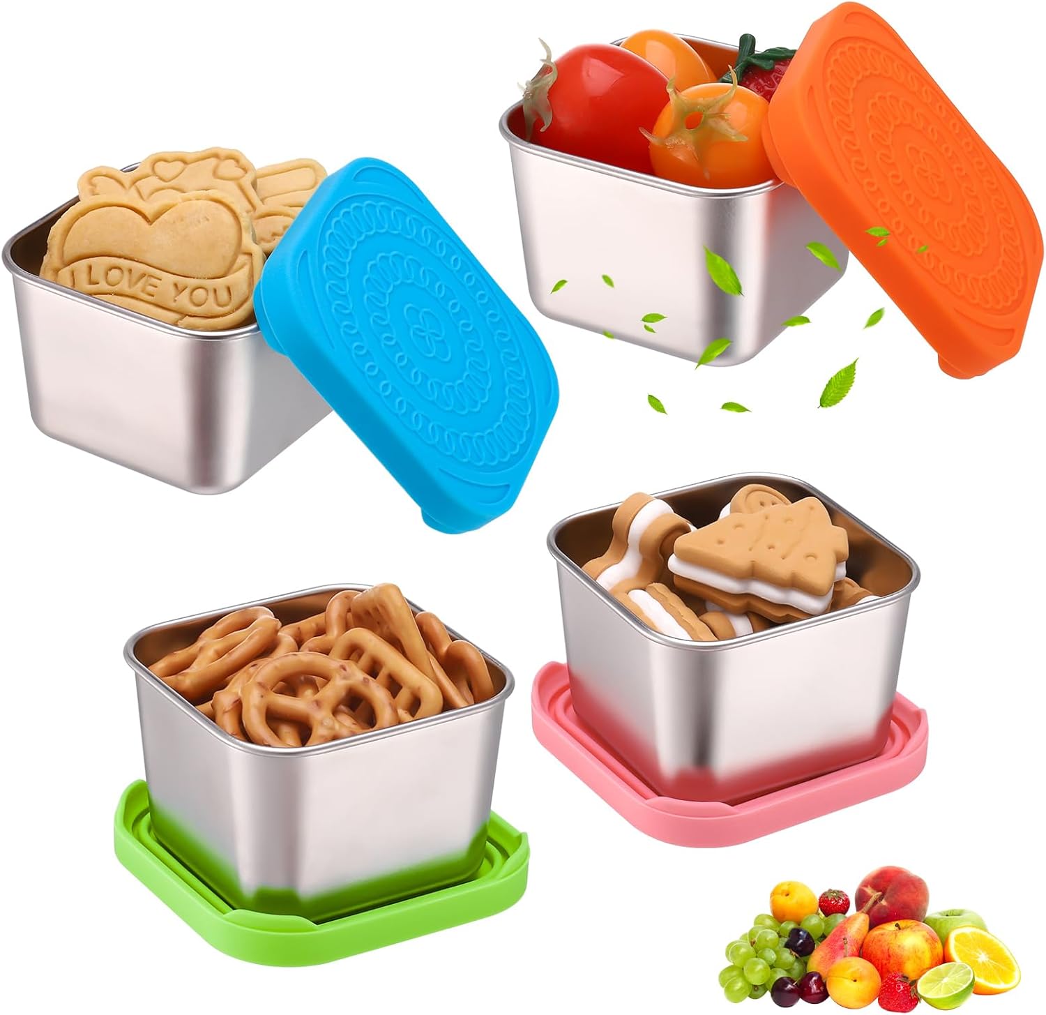 4 Pcs Snack Pots,180ml Stackable Stainless Steel Food Storage Containers Portable Kids Snack Box with Silicone Lids Leakproof Reusable Small Metal Bento Box for School Work Travel