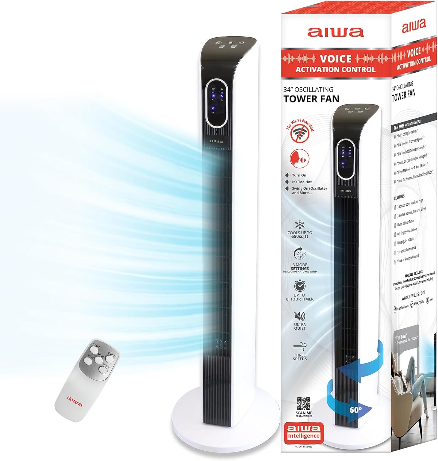 Aiwa Voice Activated Intelligent 34" Tower Fan, 15+ Voice Commands, Three Speeds, 60 Degree Oscillation, Hands Free Activation, 650 sq ft, 8 Hour Timer, Normal Natural and Sleep Modes