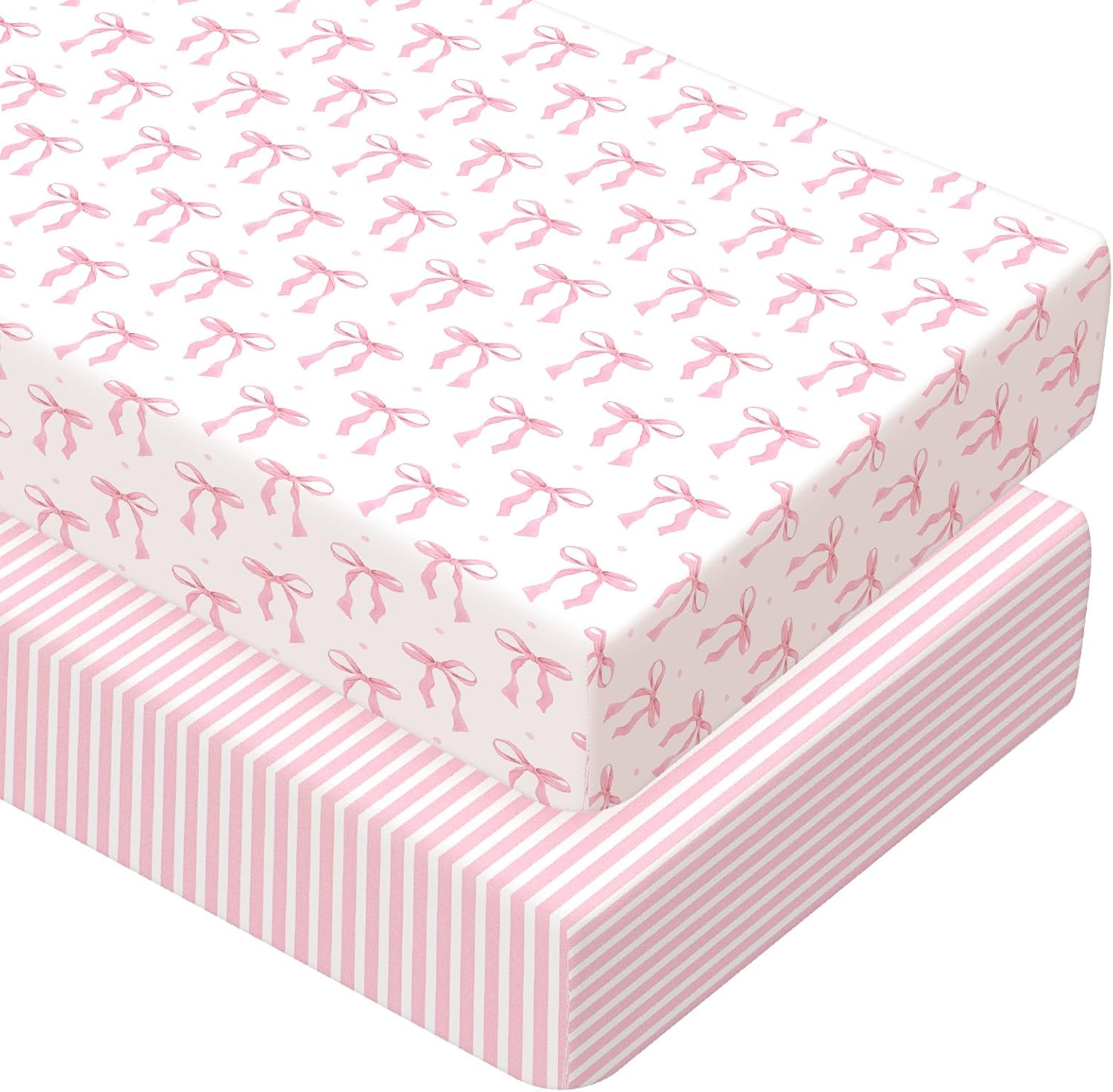 Peryiter 2 Pack Crib Sheets for Girls Boys Coquette Bed Sheet Set Fitted 52'' x 28" for Standard Crib Mattress Stretchable Soft Toddler Aesthetic Nursery Decor (Bow,Pink)