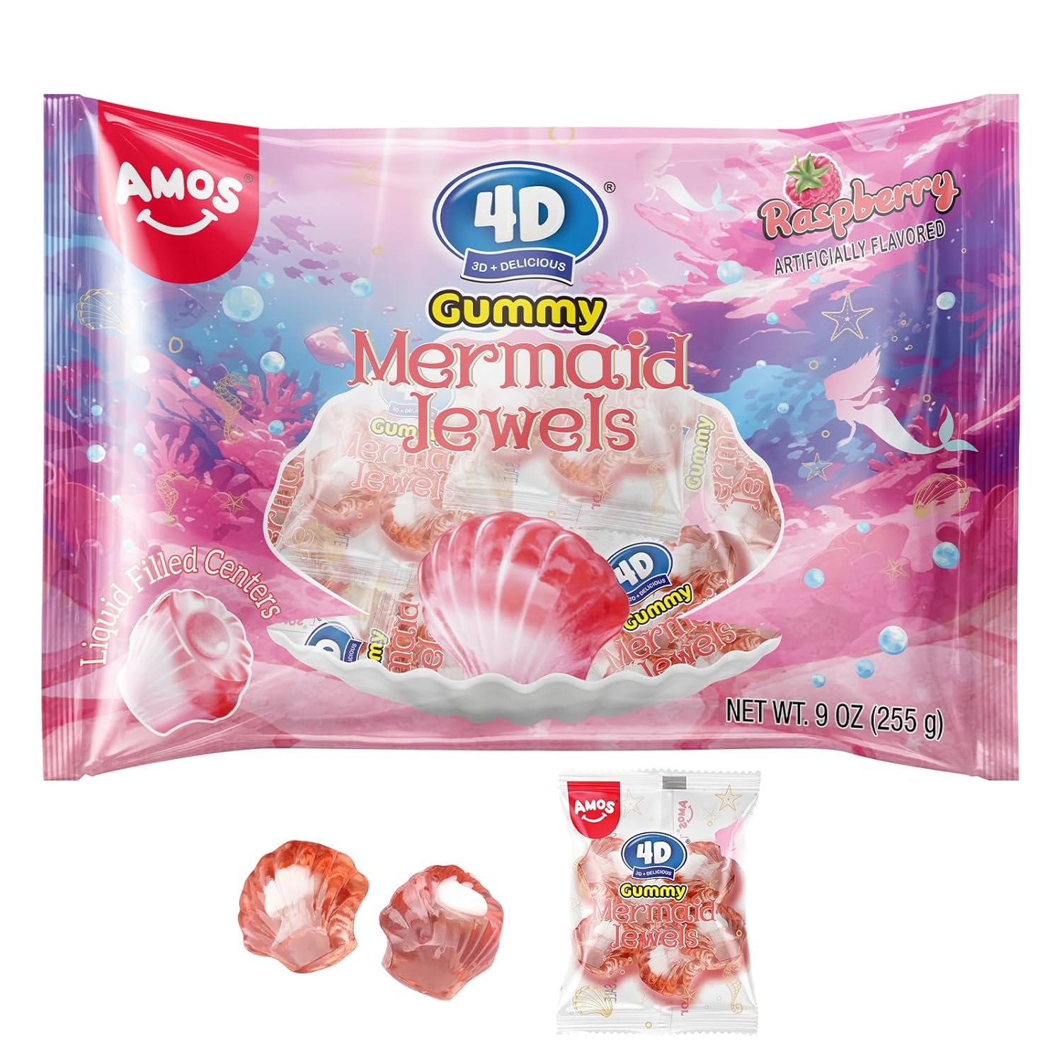 Amos 4D Gummy Candy Mermaid Jewels Fruity Filled, Soft Center Jelly-filled Seashell Candy, Raspberry Flavor Christmas Candy (9oz Pack) pink