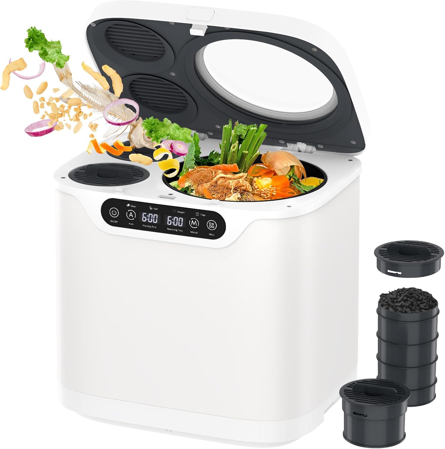 Electric Composter, 4L Electric Composter for Kitchen, Odourless Indoor Compost Bin with Removable Carbon Filter, Food Waste Compost Bin Rapid Decomposition, Quiet, Turns Scraps into Soil for Kitchen