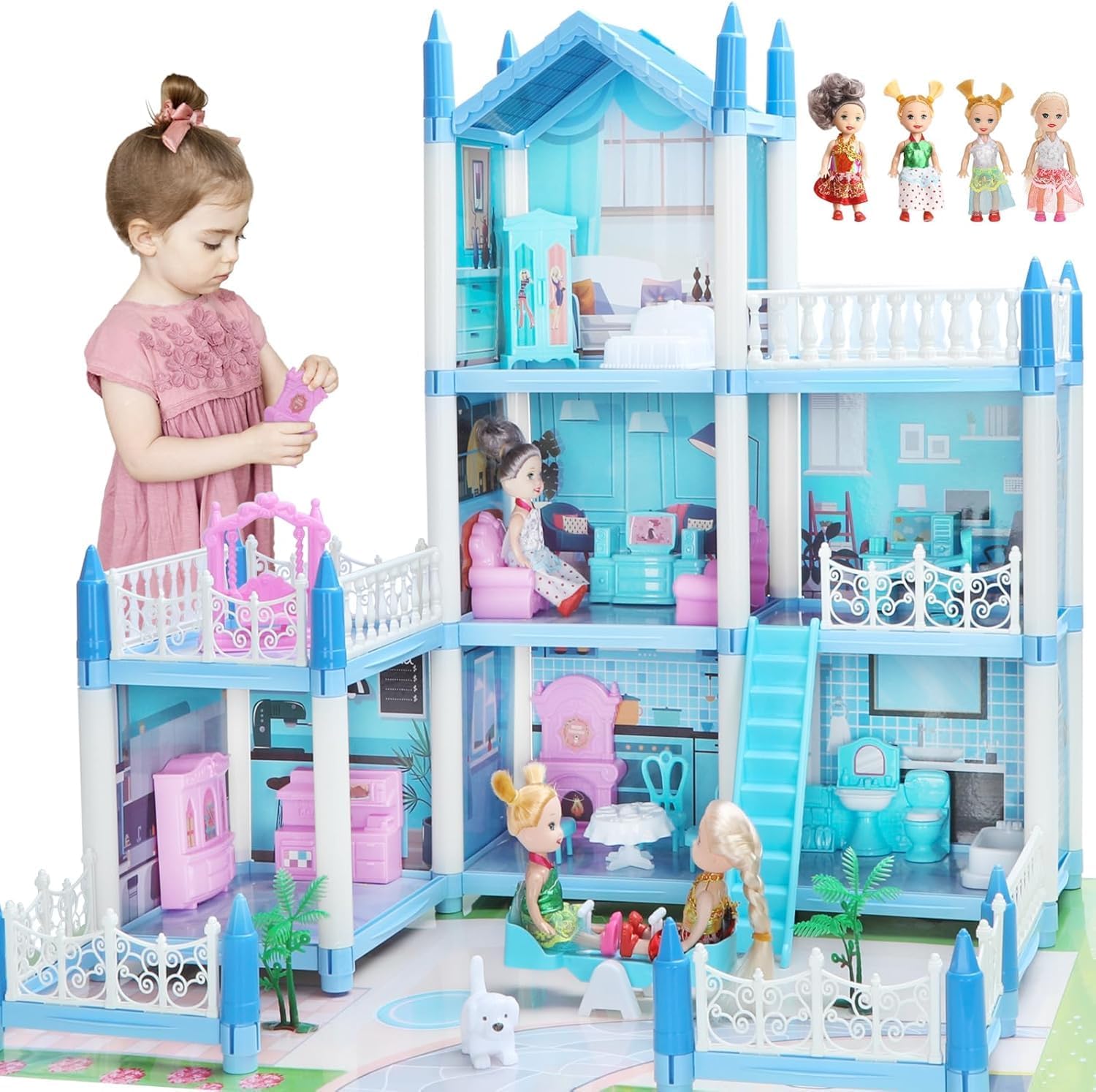 Doll Houses for Girls, Playhouse 3-Story 6 Rooms with 4 Dolls & Furniture Accessories & Flashing Lights, Princess Doll House Toy Toddler Birthday Gift for 3 4 5 6 7 8 Year Old