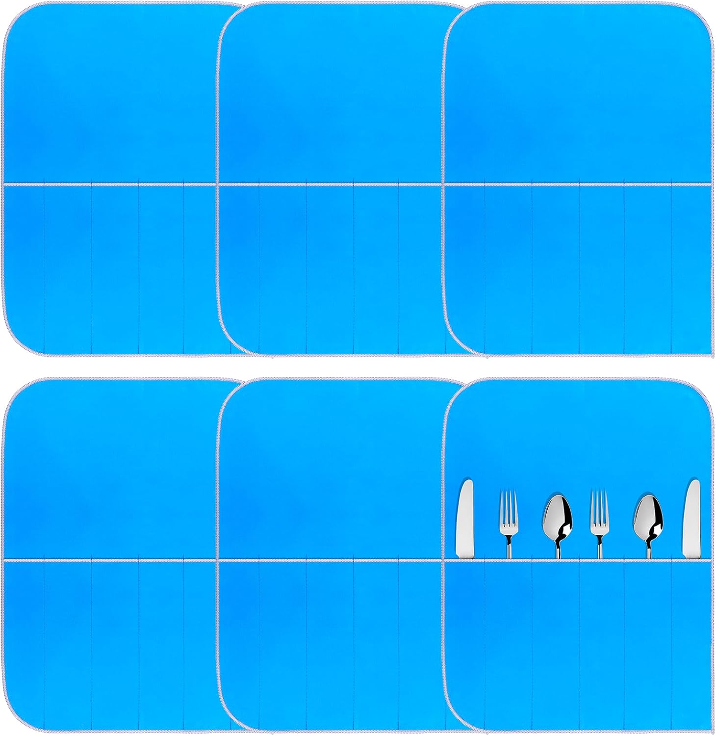 6-pack Silver Storage Bags Anti Tarnish Silver Protector Bags Blue Holder for Silverware Flatware Storage Organizer Cloth Place Setting Roll with White Ribbon for Teaspoon Utensils