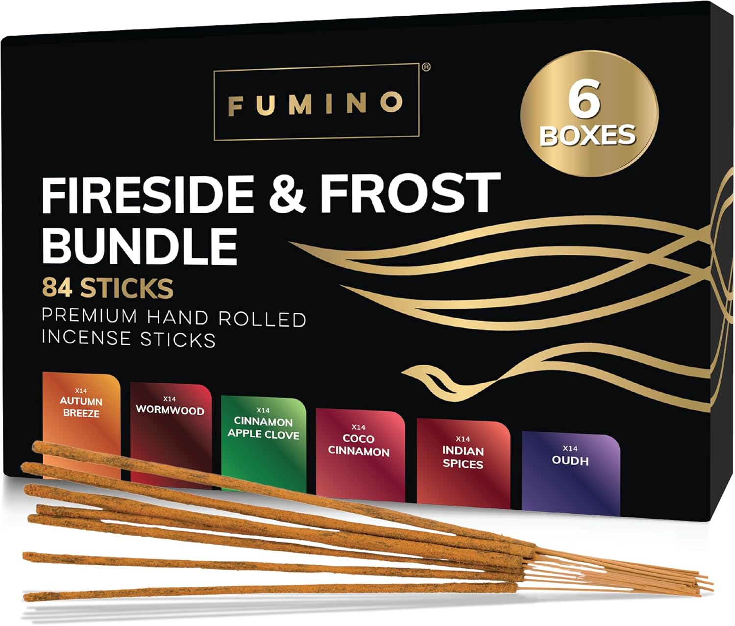 Incense Sticks Fumino Fresh Handmade Multipack Fireside & Frost Bundle 6 Boxes 84 Pieces (90g) Masala Agarbatti Joss Scent Fragrance for Relaxation and Meditation, Home and House Decor