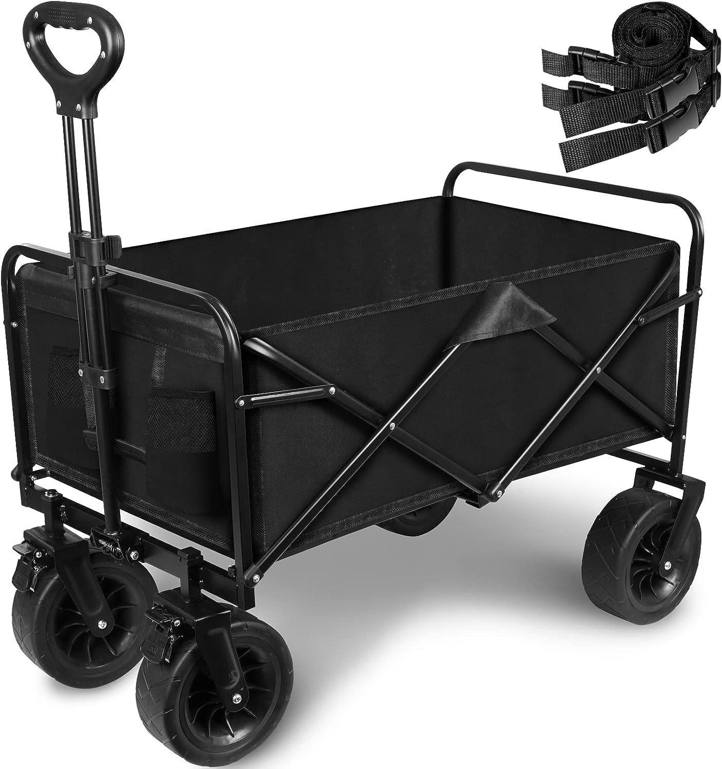 Heavy Duty Folding Wagon - Large Capacity Portable Beach Cart with Wheels & Side Pockets - Collapsible for Camping, Sports & Shopping