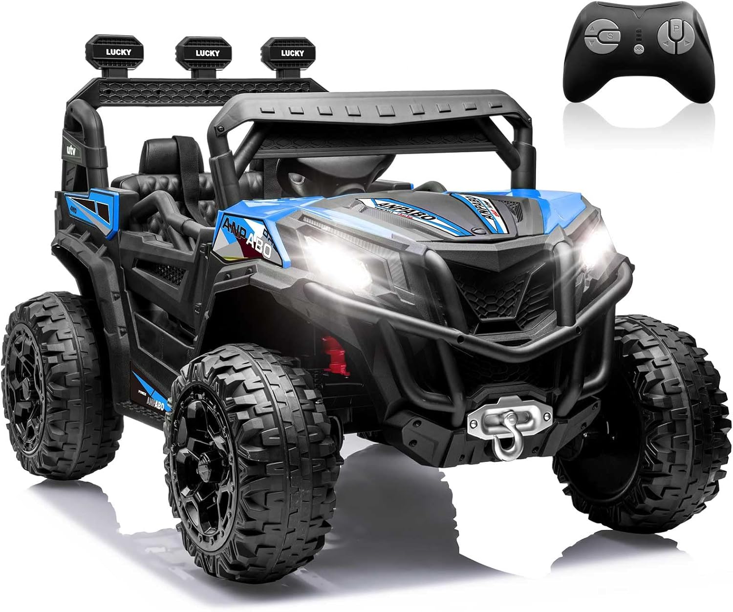 ANPABO 24V 4X4 Ride on Car Truck w/Remote Control, 4WD/2WD Switchable Kids UTV, 19" Spacious Seat, 4 Shock Absorbers, Soft Start, Music Player, Electric Car for Kids (Blue)