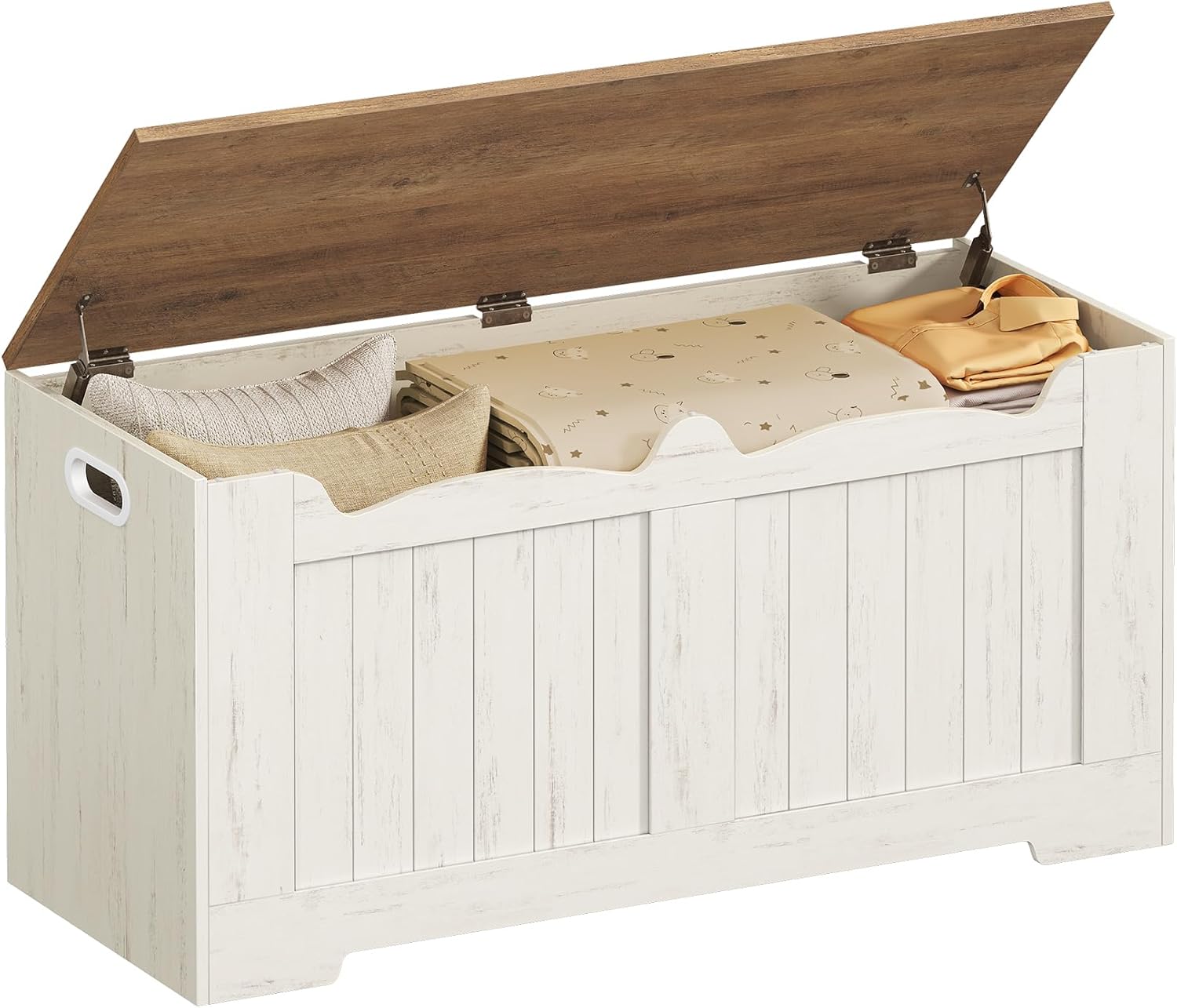 Hzuaneri Storage Chest, Storage Trunk with 2 Secure Hinge, 100 cm Lift-Top Storages Bench, Wooden Storages Organizer, Shoe Bench for Entryway, Bedroom, Living Room, White and Brown SB01014B