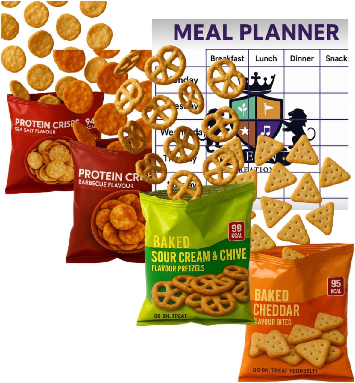 AETN Creations High Protein Crisp Snack Bundle – 12 Mixed Bags (Cheddar, Sea Salt, BBQ, Sour Cream & Chive) – Slim Fast Style Savoury Snack Pack with AETN Meal Planner Guide