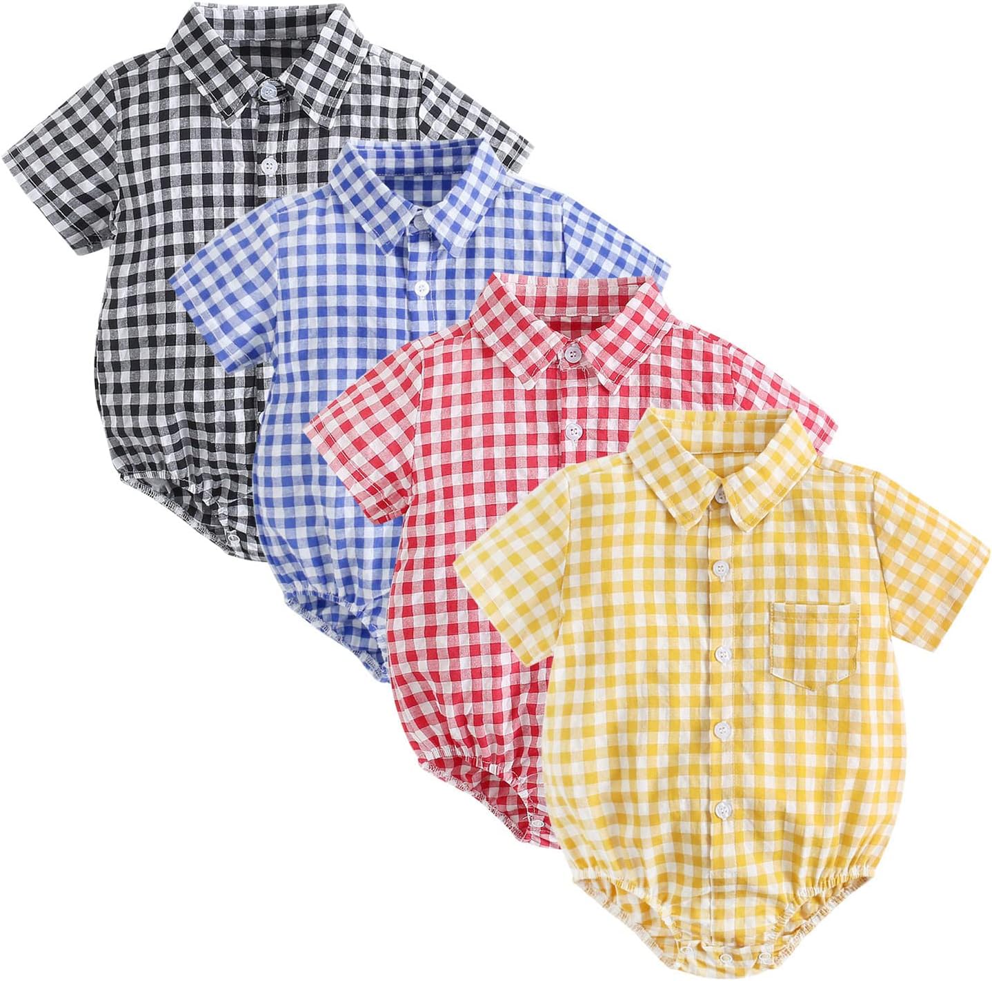 Newborn Boys Plaid Romper Shirt Short Sleeve Baby Coming Home Outfits Cute Bodysuit Button Up Lapel Pockets Infant Soft Jumpsuit Casual Onesie