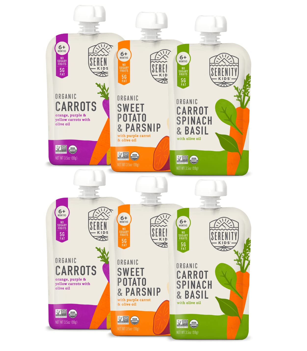 Serenity Kids 6+ Months Certified Organic Baby Food Pouches Veggie Puree - No Sugary Fruits/Added Sugar - 3.5 Oz BPA & Allergen-Free Packaging - Garden Variety Pack - 6 Count Veggie Puree Pouches