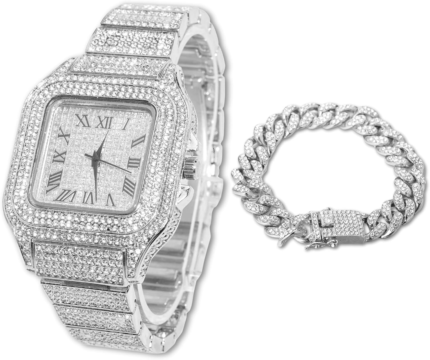 Halukakah Men’s Watch - The King - 18K Gold/Platinum Plated, 40MM Square Dial, Iced Out Wristband, with Cuban Link Chain Necklace and Bracelet Set Optional, Comes in Giftbox