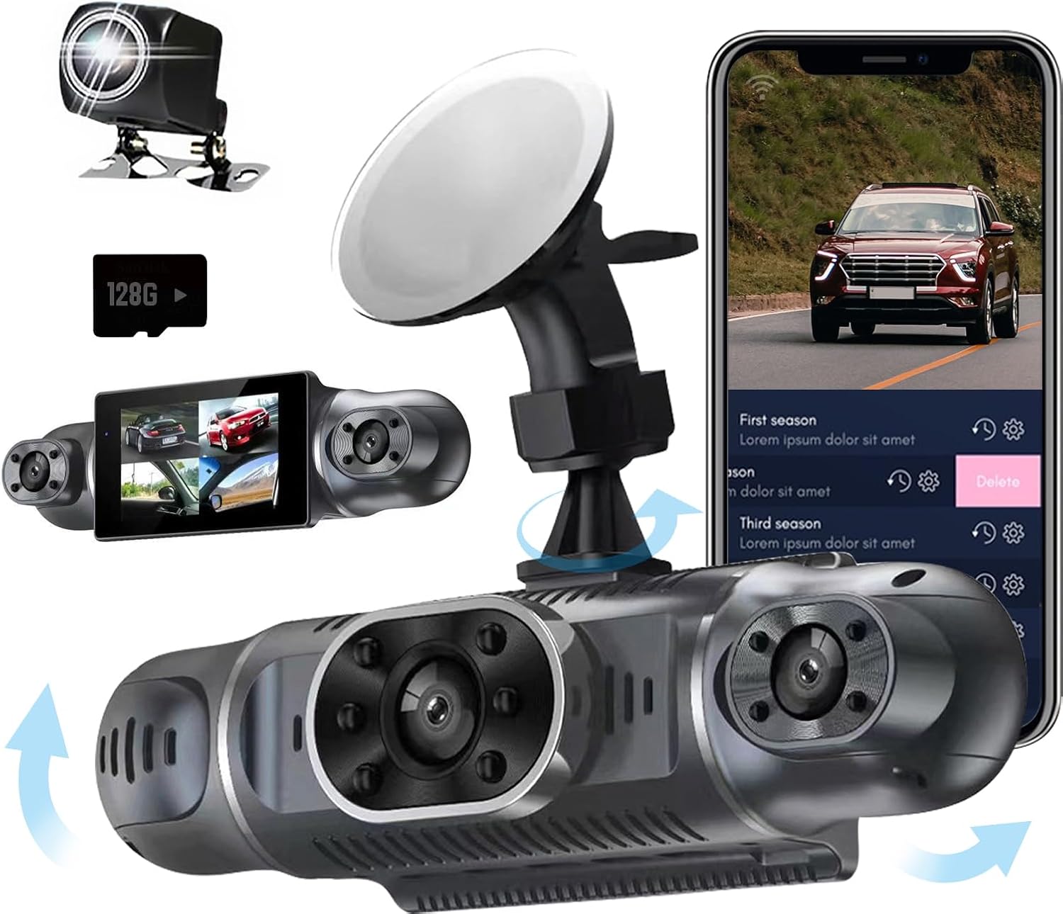 360° Dash Cam, with 4 x Camera FHD 1080P Front and Rear Left Right, Car Camera Dash Cam with WiFi, 24 Hours Parking Mode, with Night Vision, with G-sensor, with 3.0" Display, with 128GB Card