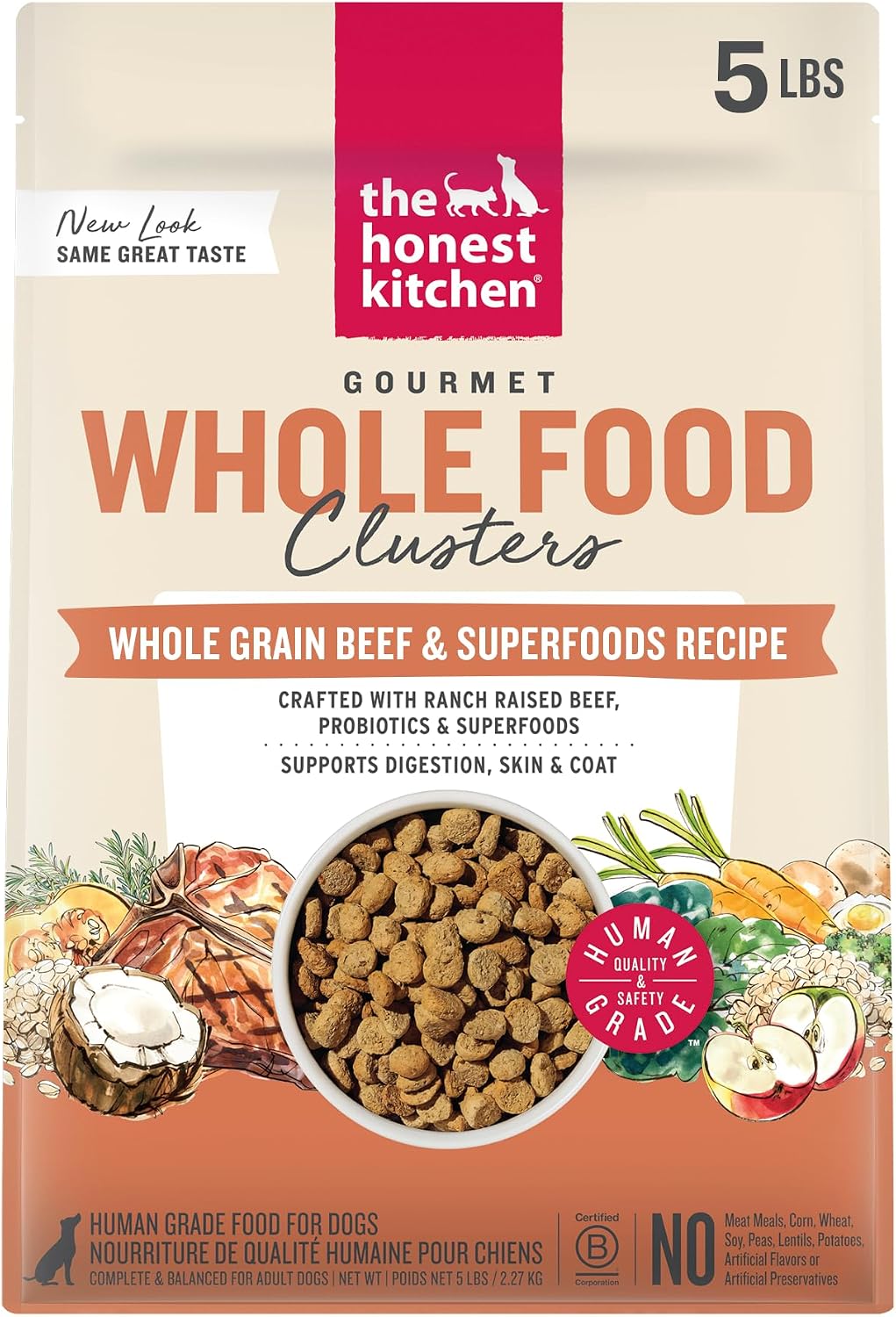 The Honest Kitchen Whole Grain Beef, Oat & Superfoods Whole Food Clusters, Vet Crafted Human Grade Dry Dog Food, Healthy Nutrition for Skin, Coat, Digestion & Healthy Weight, 5 lb Bag