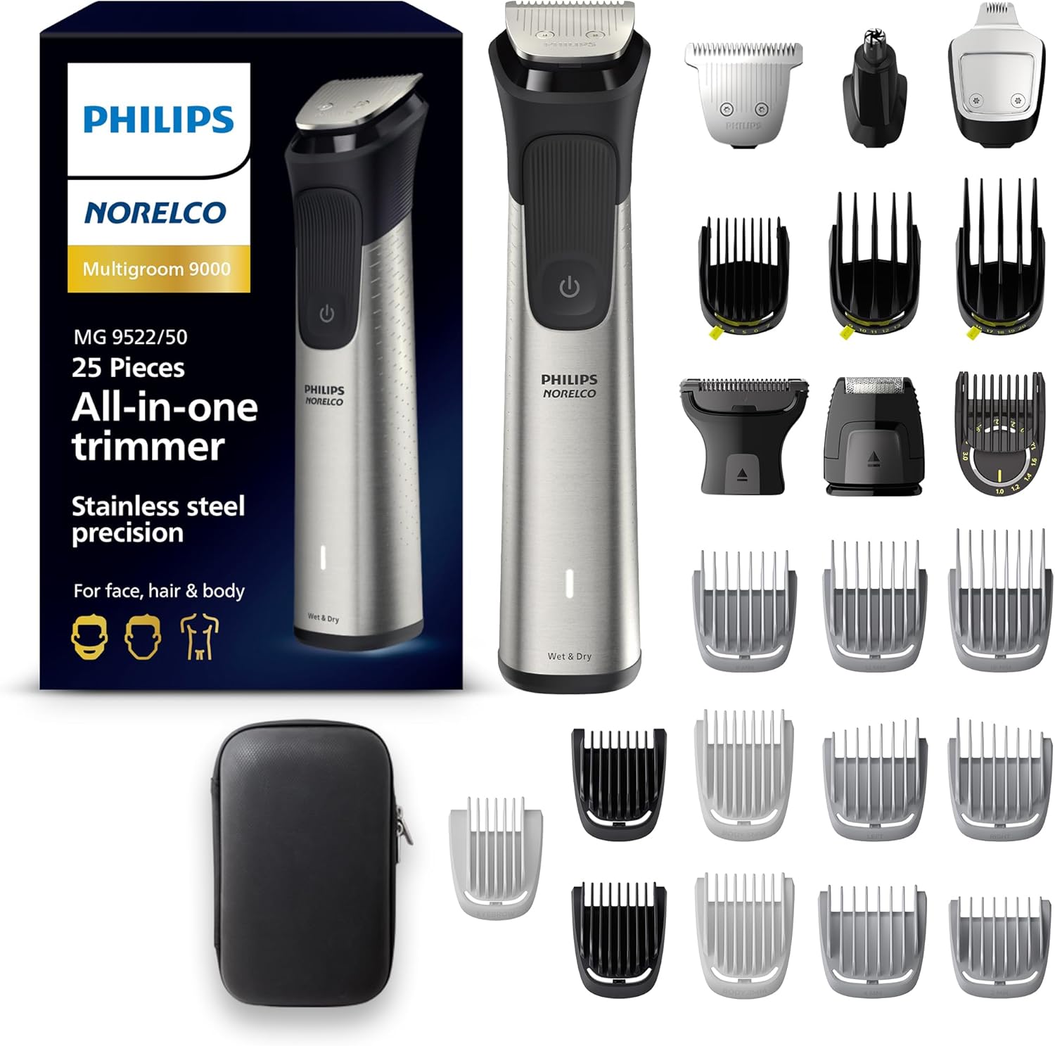 Philips Norelco Multigroom 9000 Series, All-in-One Trimmer, Beard Trimmer and Hair Clipper, 25-Piece/27-Length Men's Grooming Kit for Beard, Face, Nose, Ear and Body, Travel Kit, MG9522/50