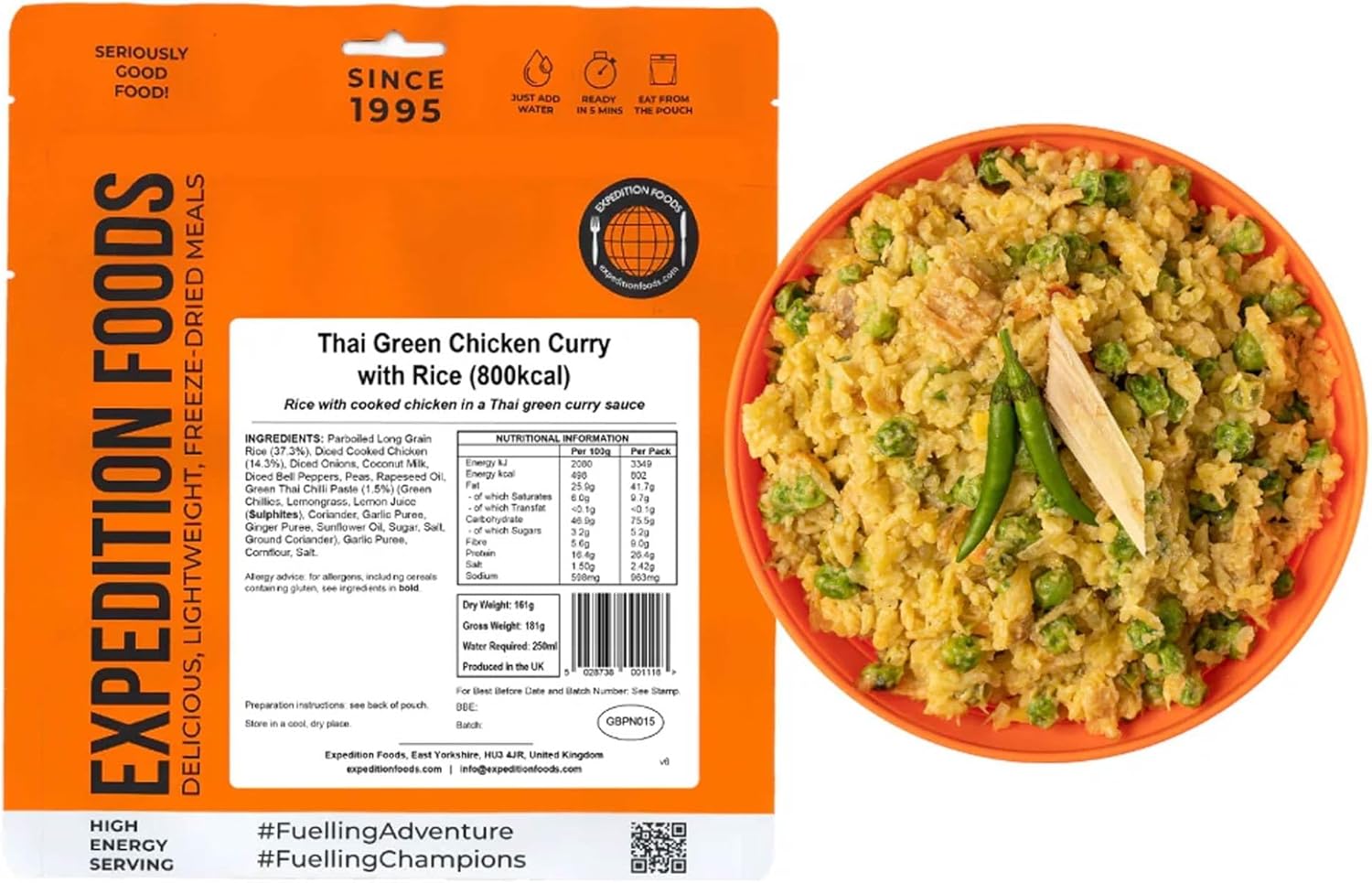 EXPEDITION FOODS Thai Green Chicken Curry with Rice (High Energy Serving / 800KCAL) | Freeze-Dried Camping & Hiking Food