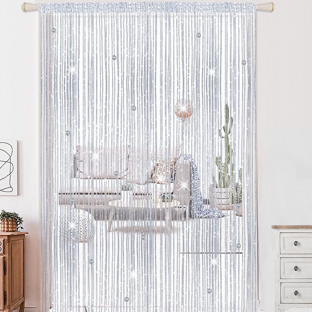 AIZESI 1PCS String Bead Curtain Silver 100x200cm Beaded Boor Curtains Crystal Beads Curtain Glitter Beaded Doorway Curtain Home Decor Tassel String Curtain Panel Room Divider Curtain Doorway Curtains