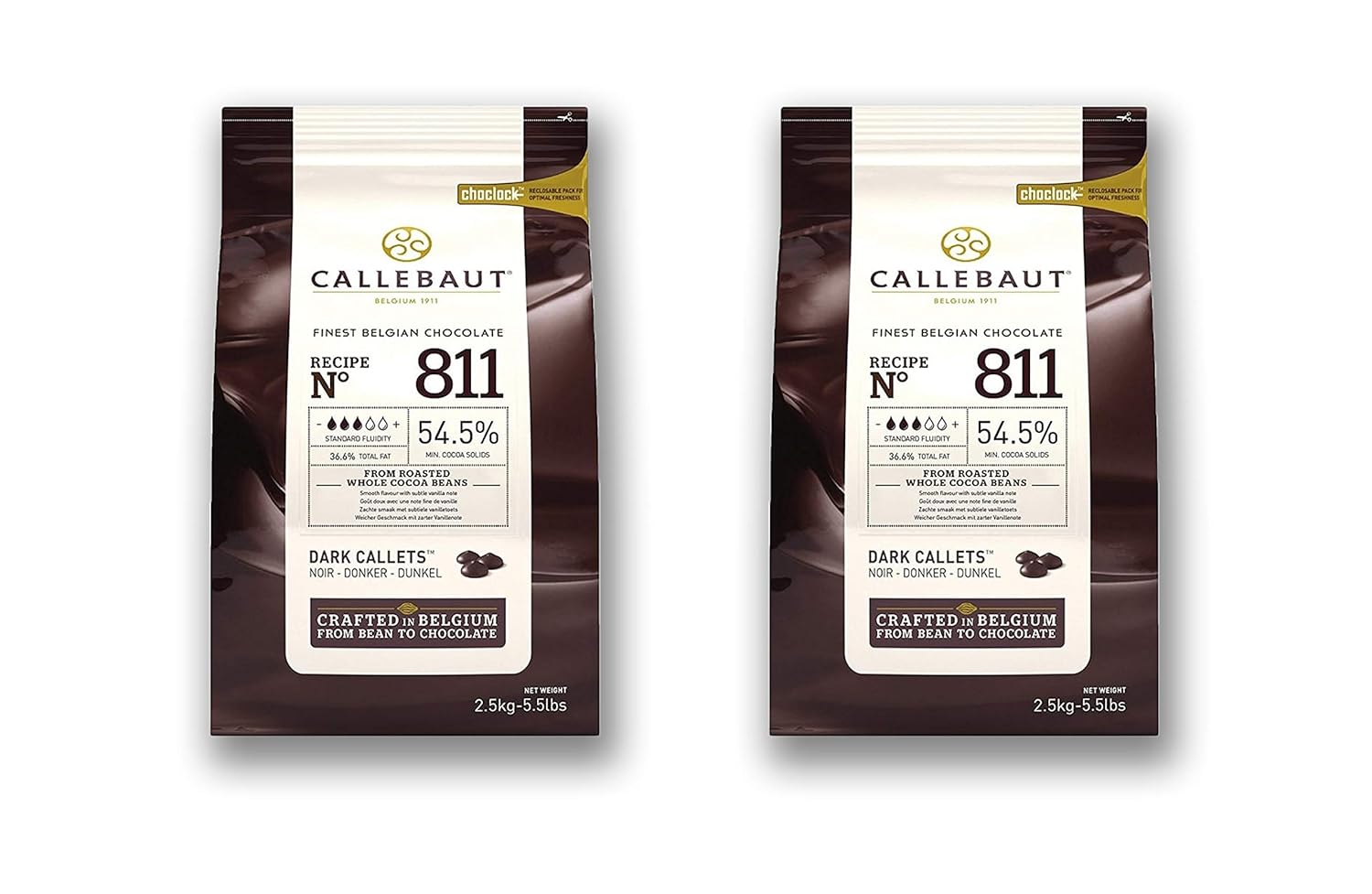 Callebaut Couverture Cacao Dark Baking Belgian Semisweet Chocolate Callets 2 pack. 54.5% Cacao. Recipe N811. (5.5 Lbs x 2; 5 kg)