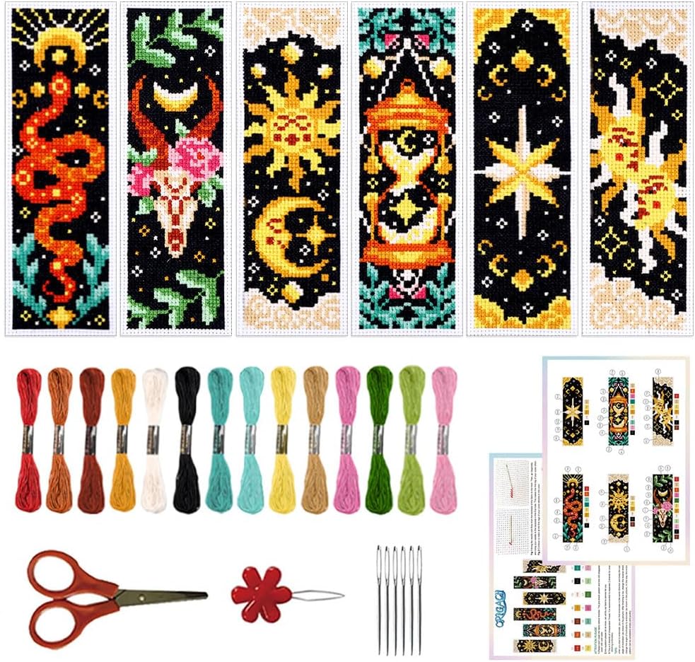 ORIGACH 6 Pcs Cross Stitch Bookmark Kit for Beginner Adults, Tarot The Sun and Star Stamped Embroidery Bookmark Kit with Instruction for Starters Printed Cross Stitch DIY Kits for Book Lovers